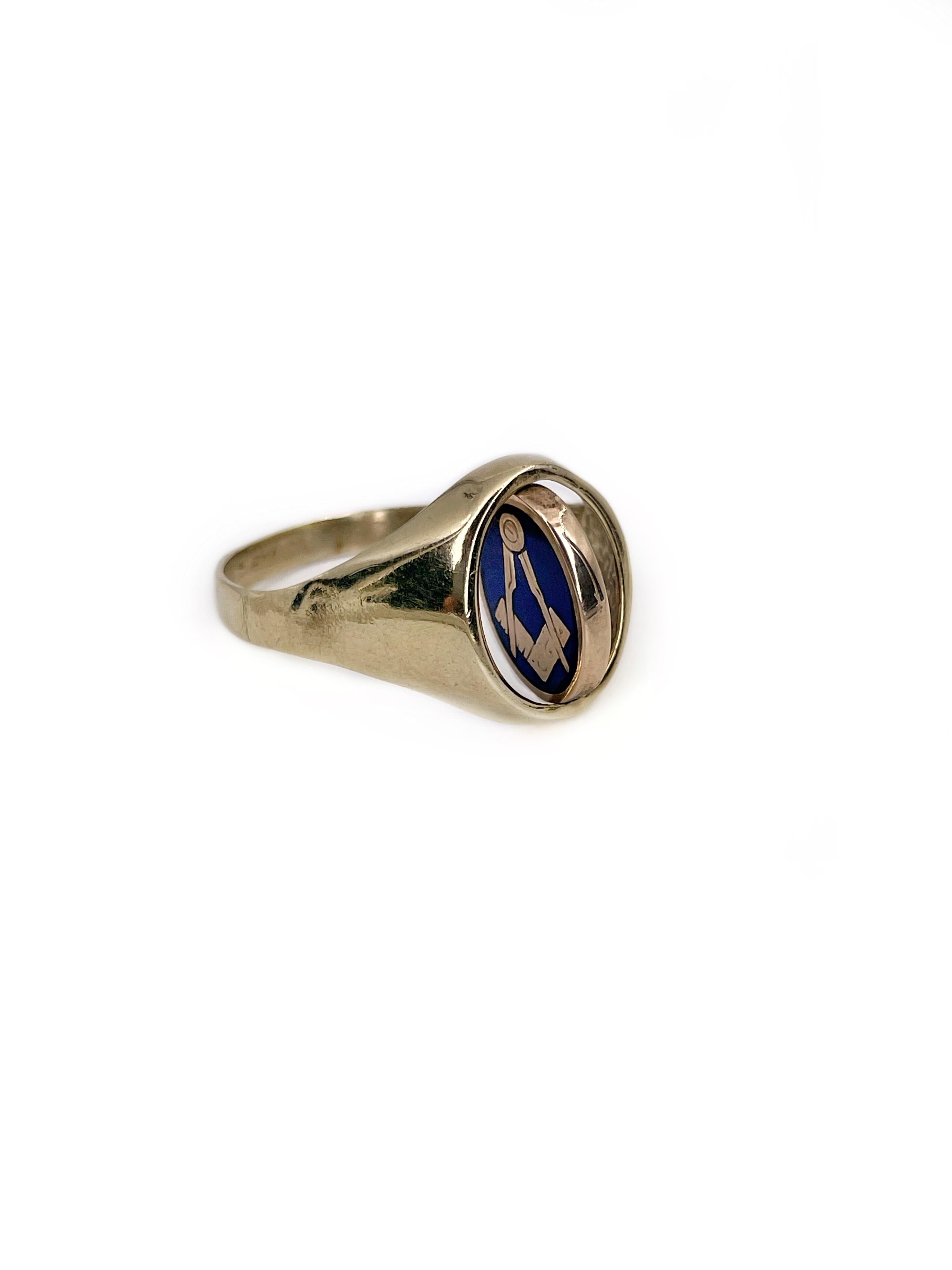 Modern Vintage Masonic 9K Gold Blue Enamel Oval Swivel Ring
