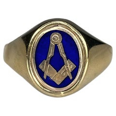 Retro Masonic 9K Gold Blue Enamel Oval Swivel Ring