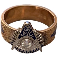 Vintage Masonic Brilliant Cut Diamond, Enamel and 14 Karat Yellow Gold Ring