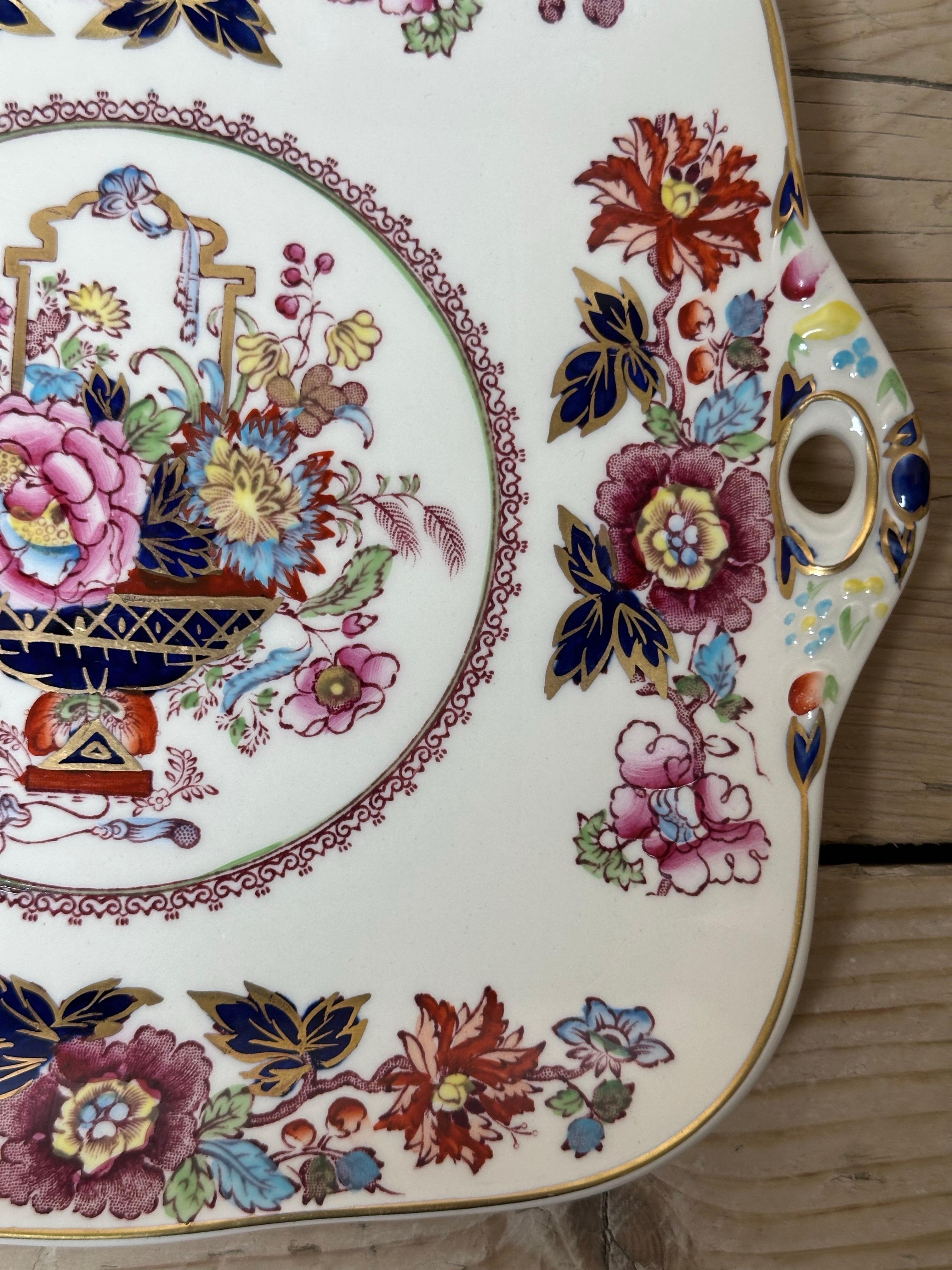 Vintage Mason's Brokat Ironstone Kuchen Servierplatte, vergoldet & Multi Floral im Angebot 3