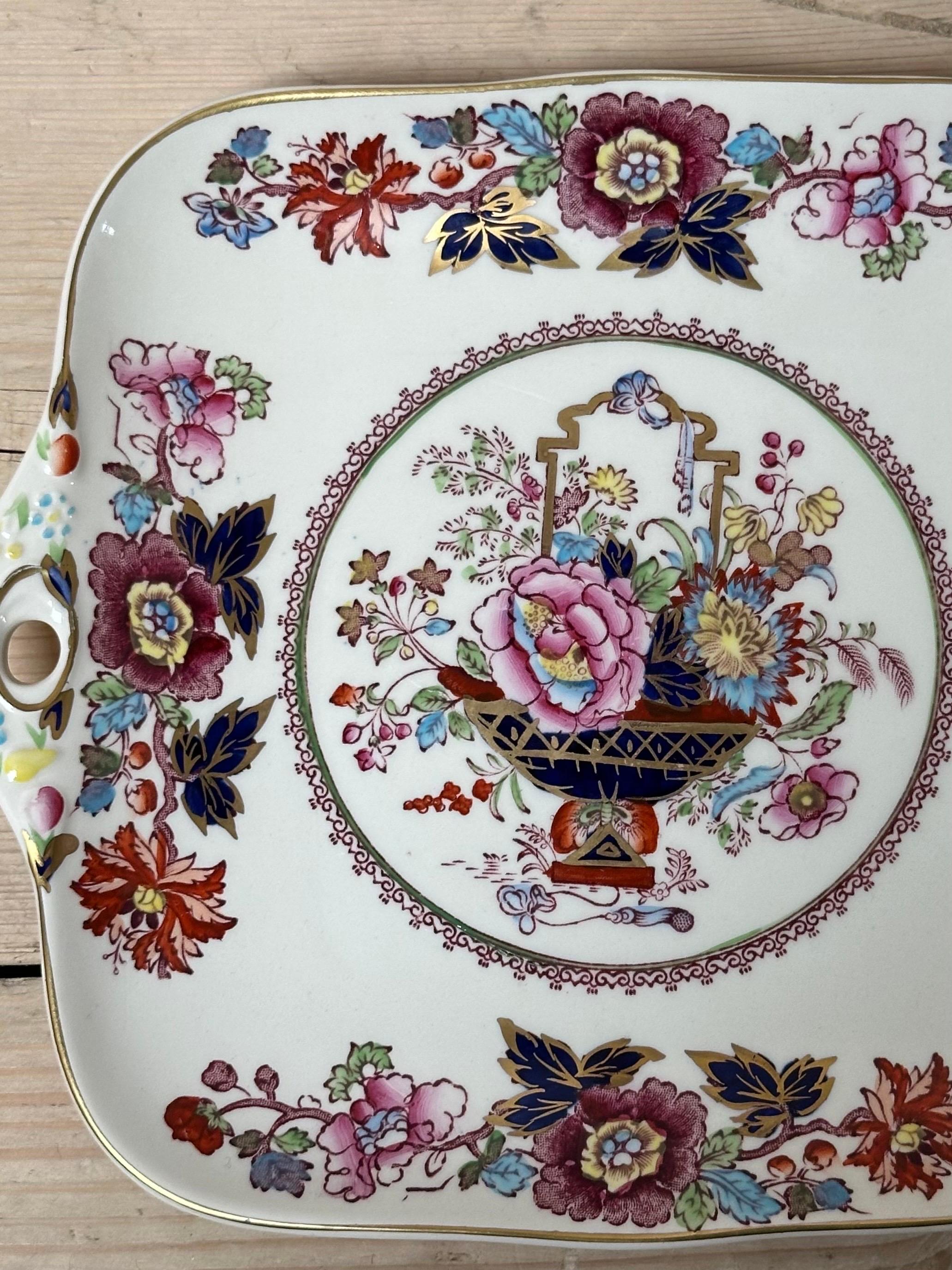 Vintage Mason's Brokat Ironstone Kuchen Servierplatte, vergoldet & Multi Floral im Zustand „Gut“ im Angebot in Worcester Park, GB