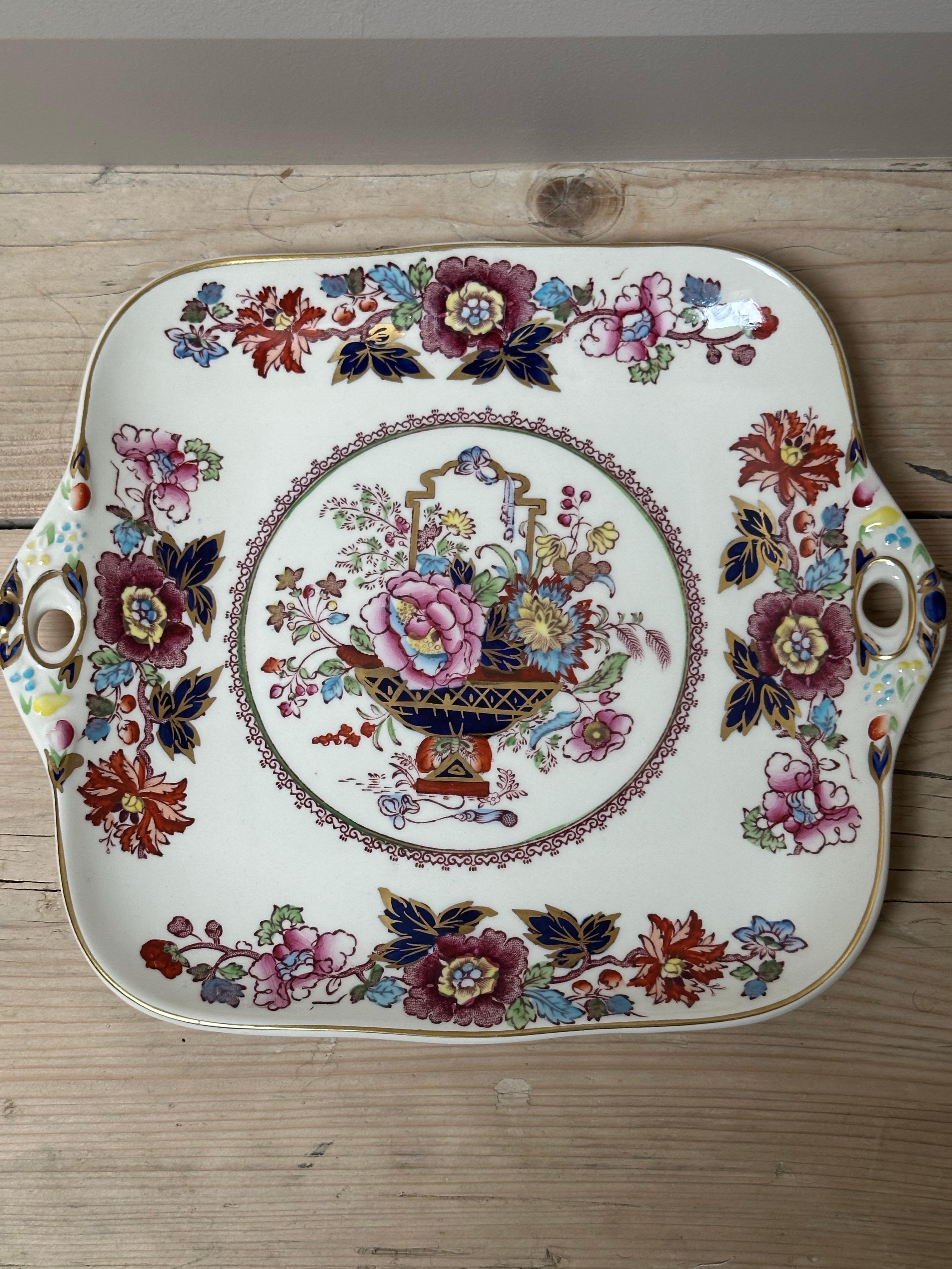 Vintage Mason's Brokat Ironstone Kuchen Servierplatte, vergoldet & Multi Floral (Mitte des 20. Jahrhunderts) im Angebot