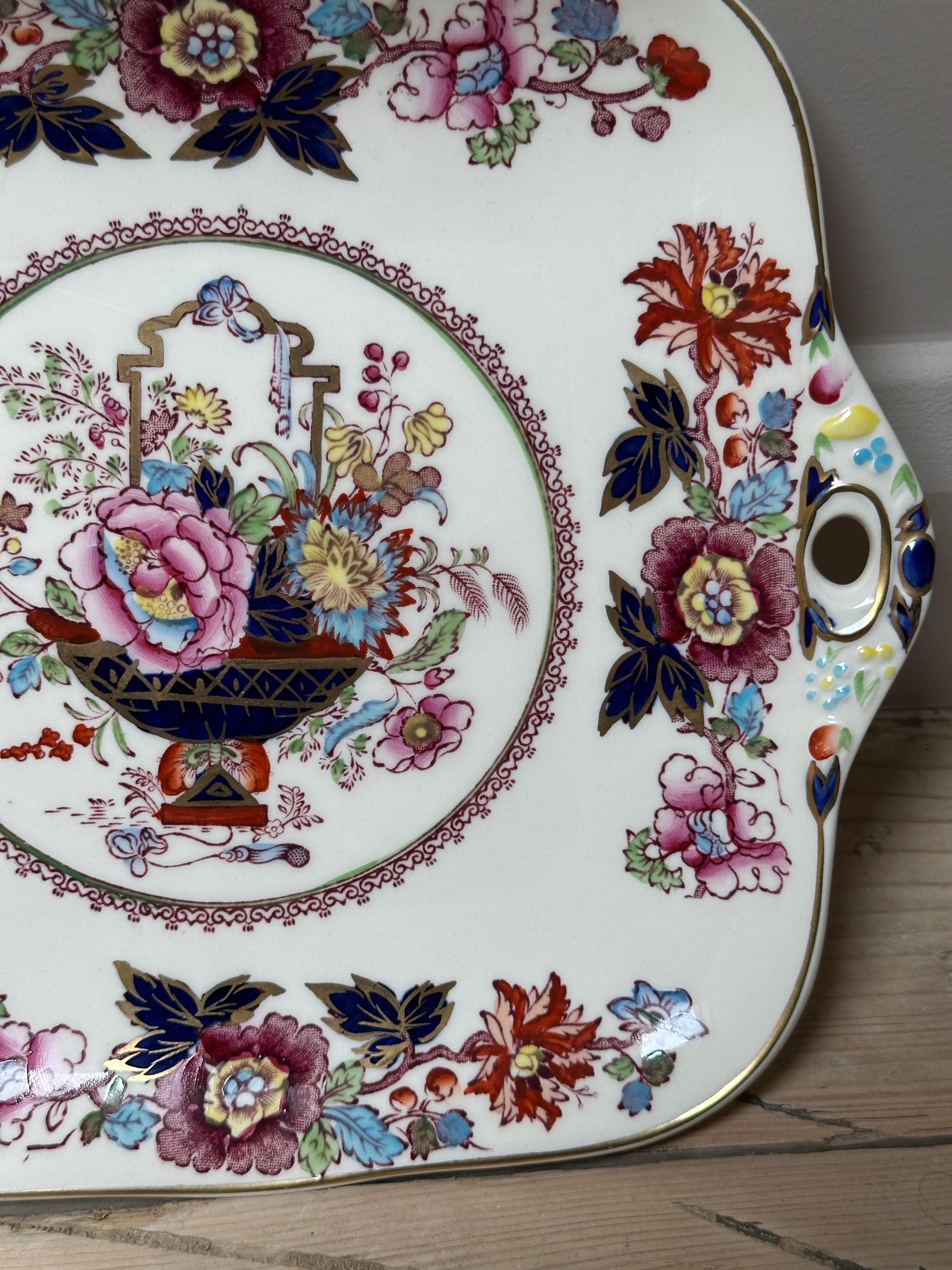 Vintage Mason's Brokat Ironstone Kuchen Servierplatte, vergoldet & Multi Floral im Angebot 1