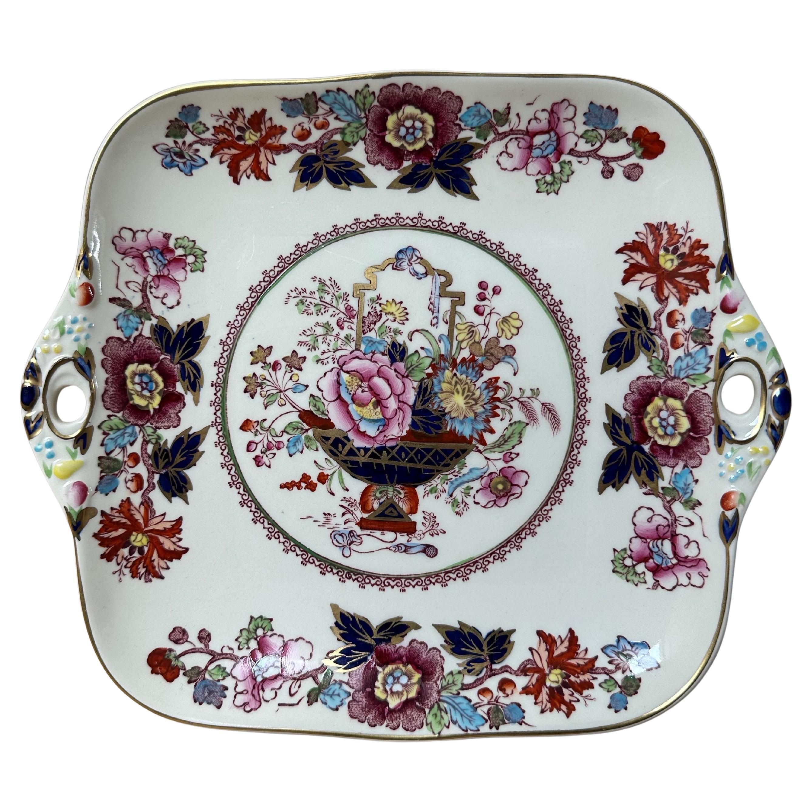 Vintage Mason's Brokat Ironstone Kuchen Servierplatte, vergoldet & Multi Floral im Angebot