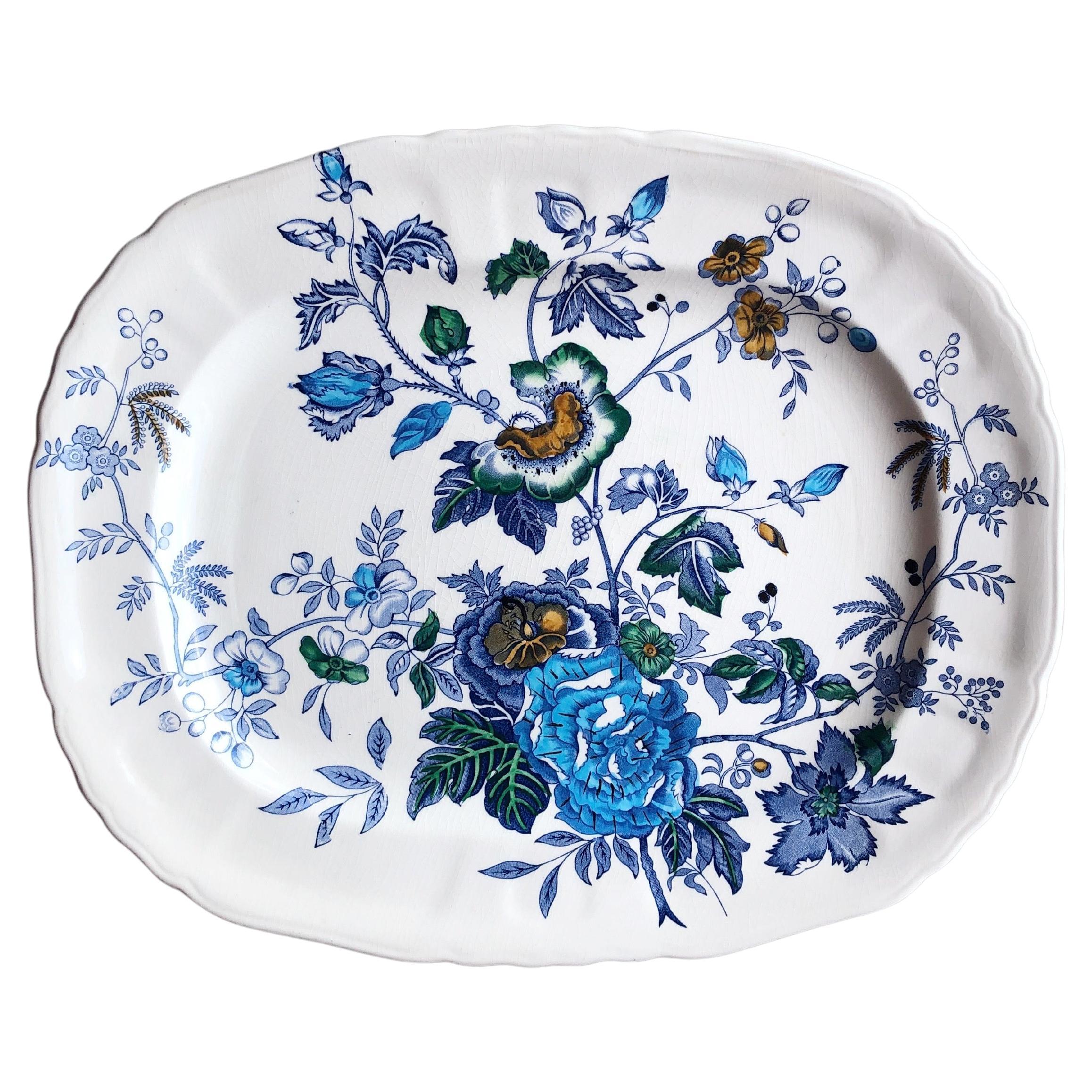 Vintage Mason's Pattern Ironstone "Belvedere" Platter in Blue Floral Pattern For Sale