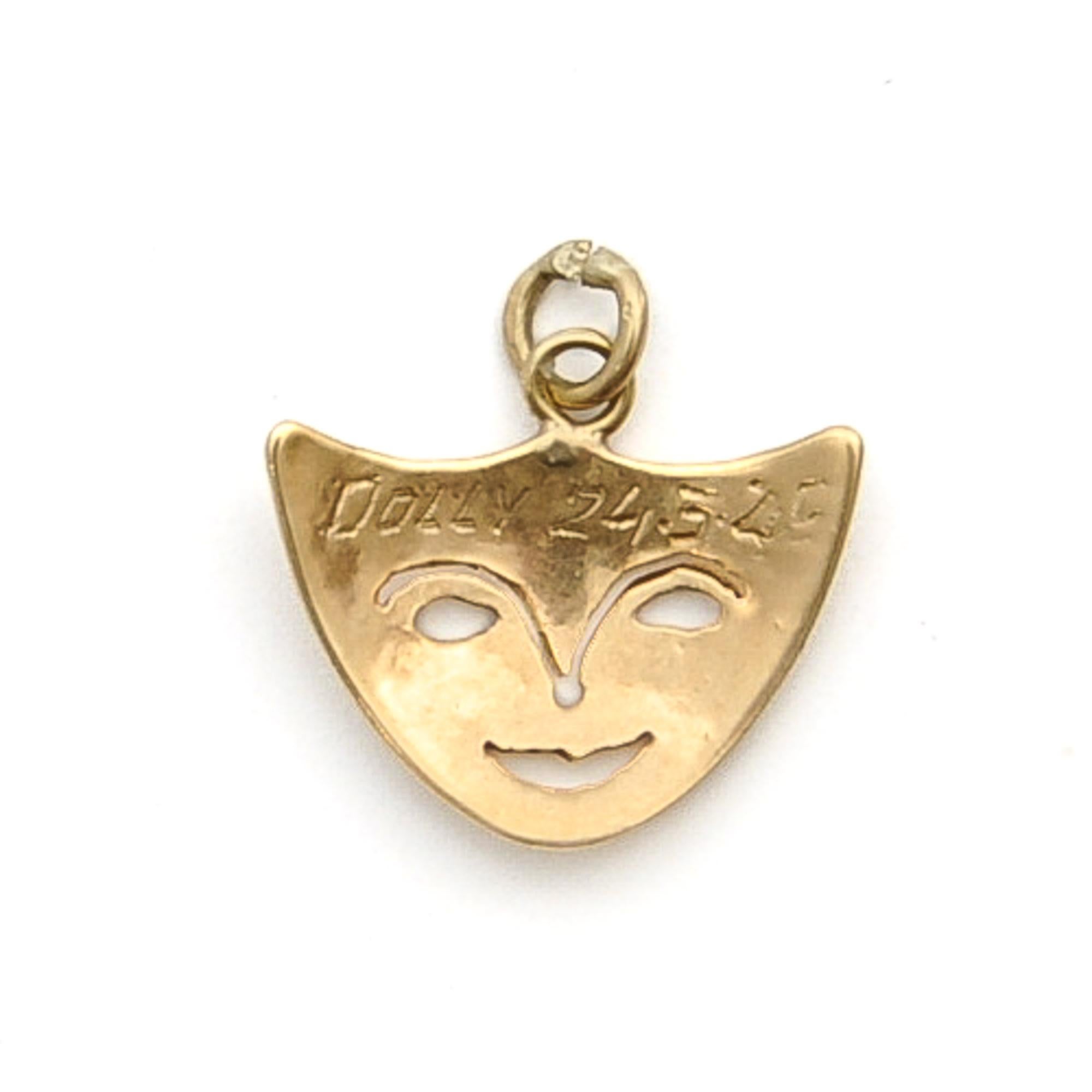 Women's or Men's Vintage Masquerade 14K Gold Charm Pendant For Sale