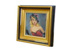 Vintage Masquerade Portrait of a Woman Oil Painting on Board 8"