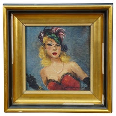 Vintage Mascarada Retrato de una mujer Pintura al óleo sobre tabla 8"