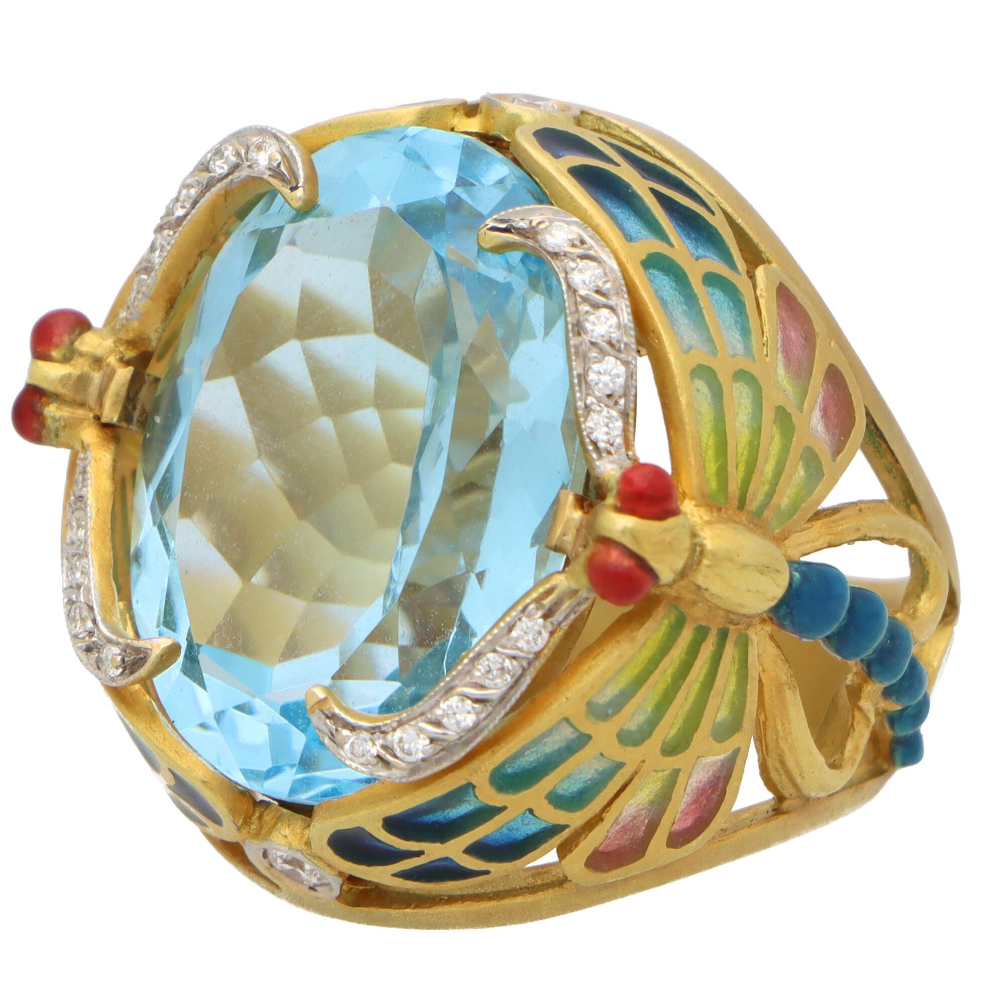 Vintage Masriera 'Lake Dragonflies' Topaz, Diamond and Enamel Ring in Gold In Good Condition In London, GB