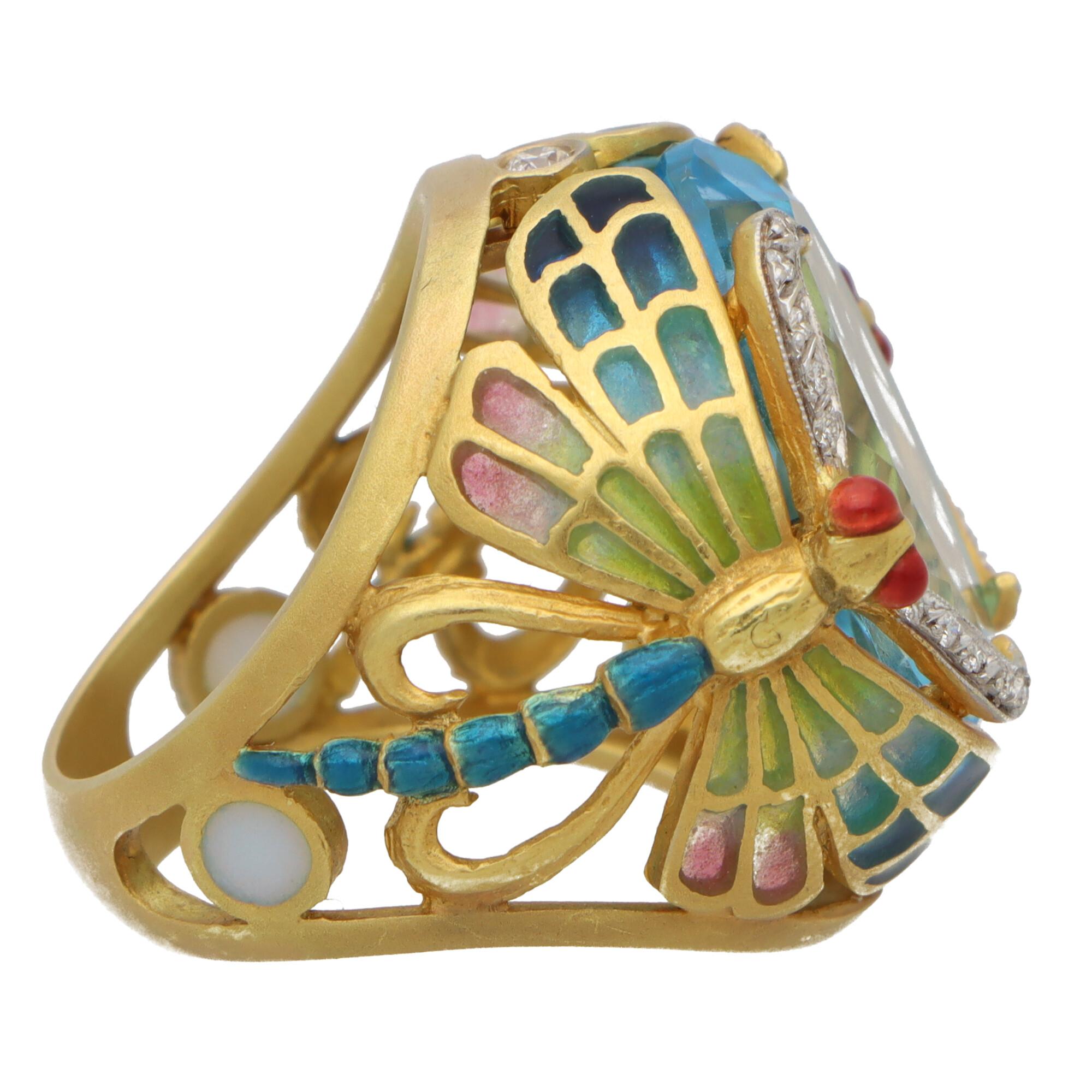 Vintage Masriera 'Lake Dragonflies' Topaz, Diamond and Enamel Ring in Gold 1