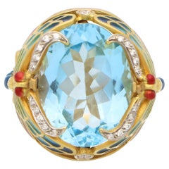 Vintage Masriera 'Lake Dragonflies' Topaz, Diamond and Enamel Ring in Gold