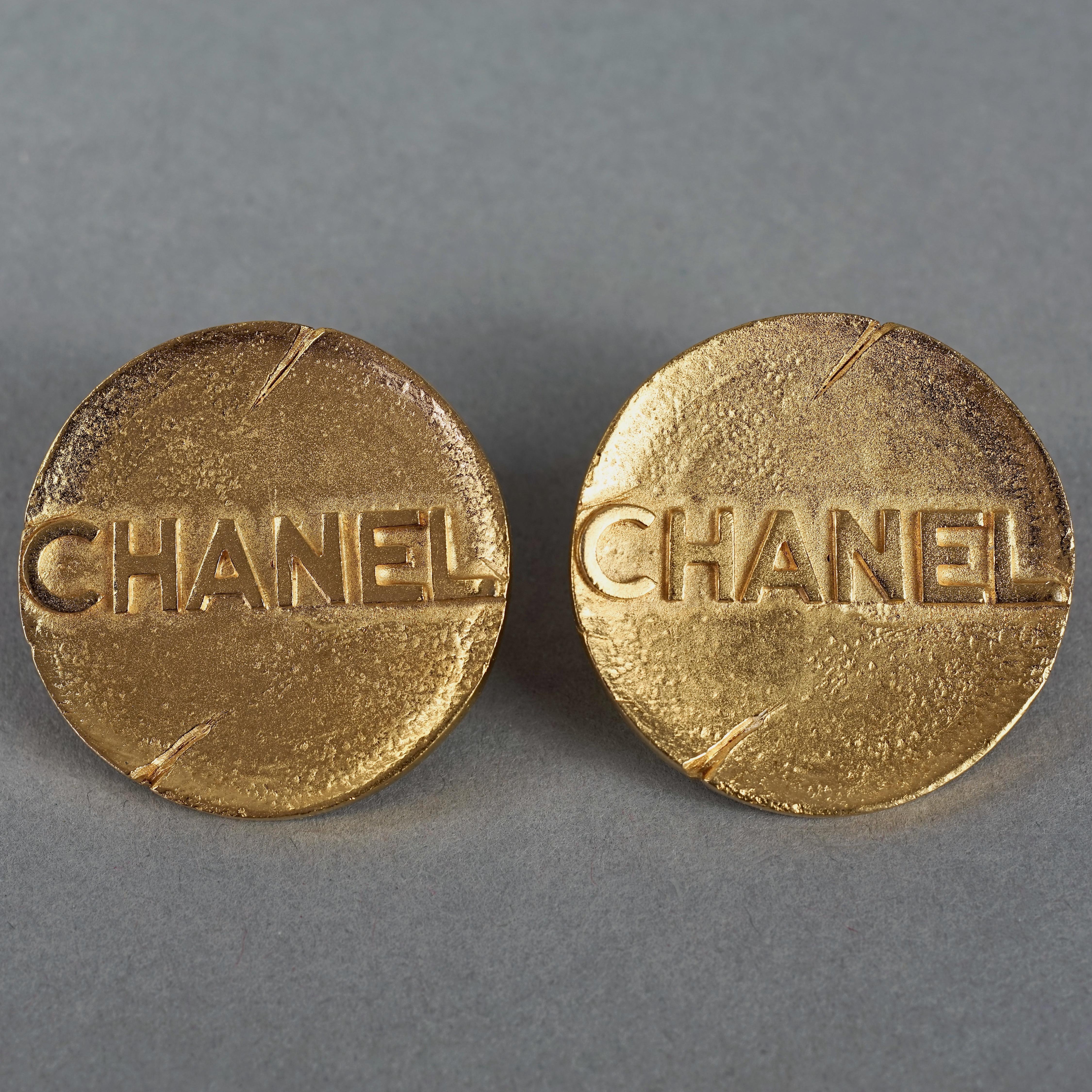 Vintage Massive 1993 CHANEL Spelled Disc Medallion Earrings 1