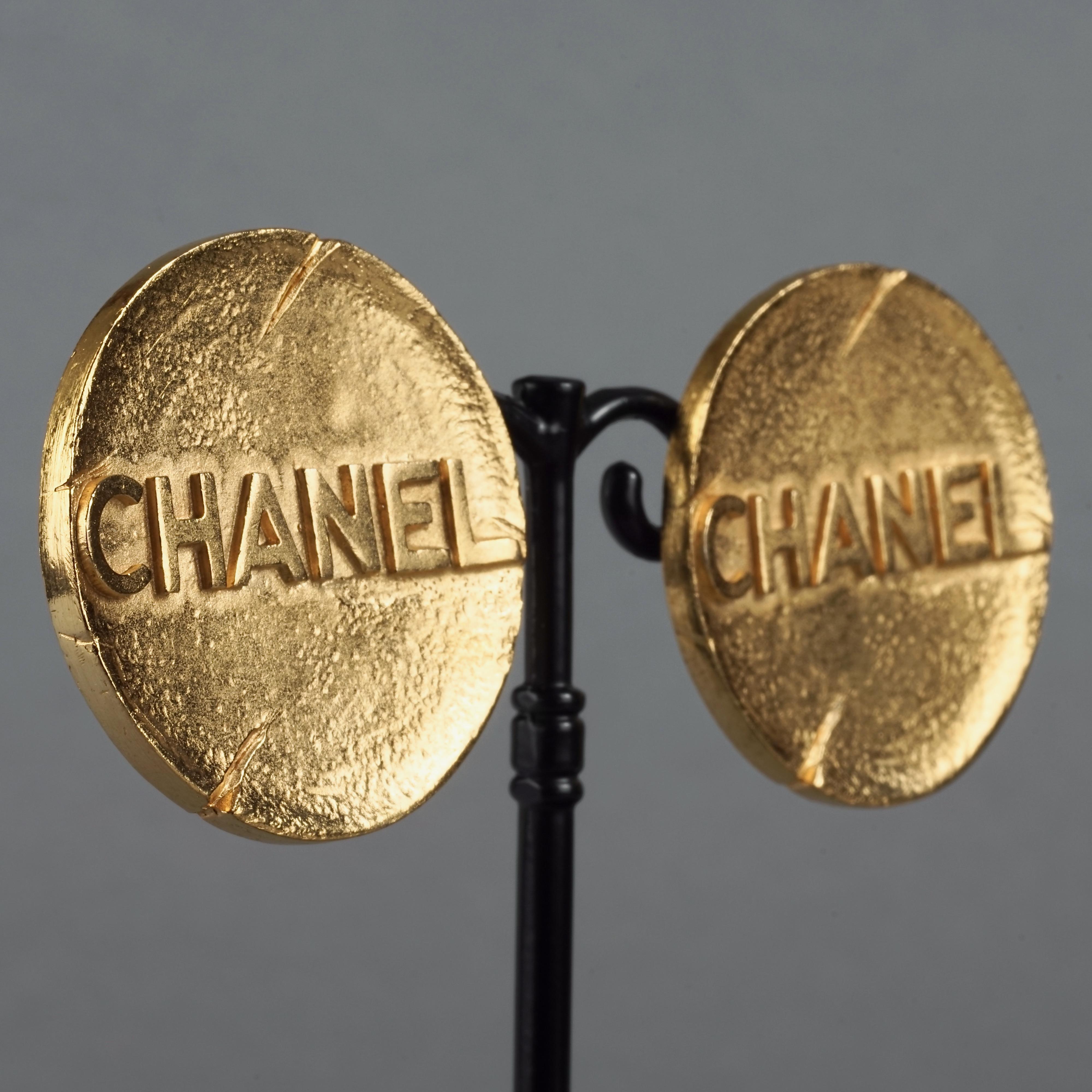 Vintage Massive 1993 CHANEL Spelled Disc Medallion Earrings 3