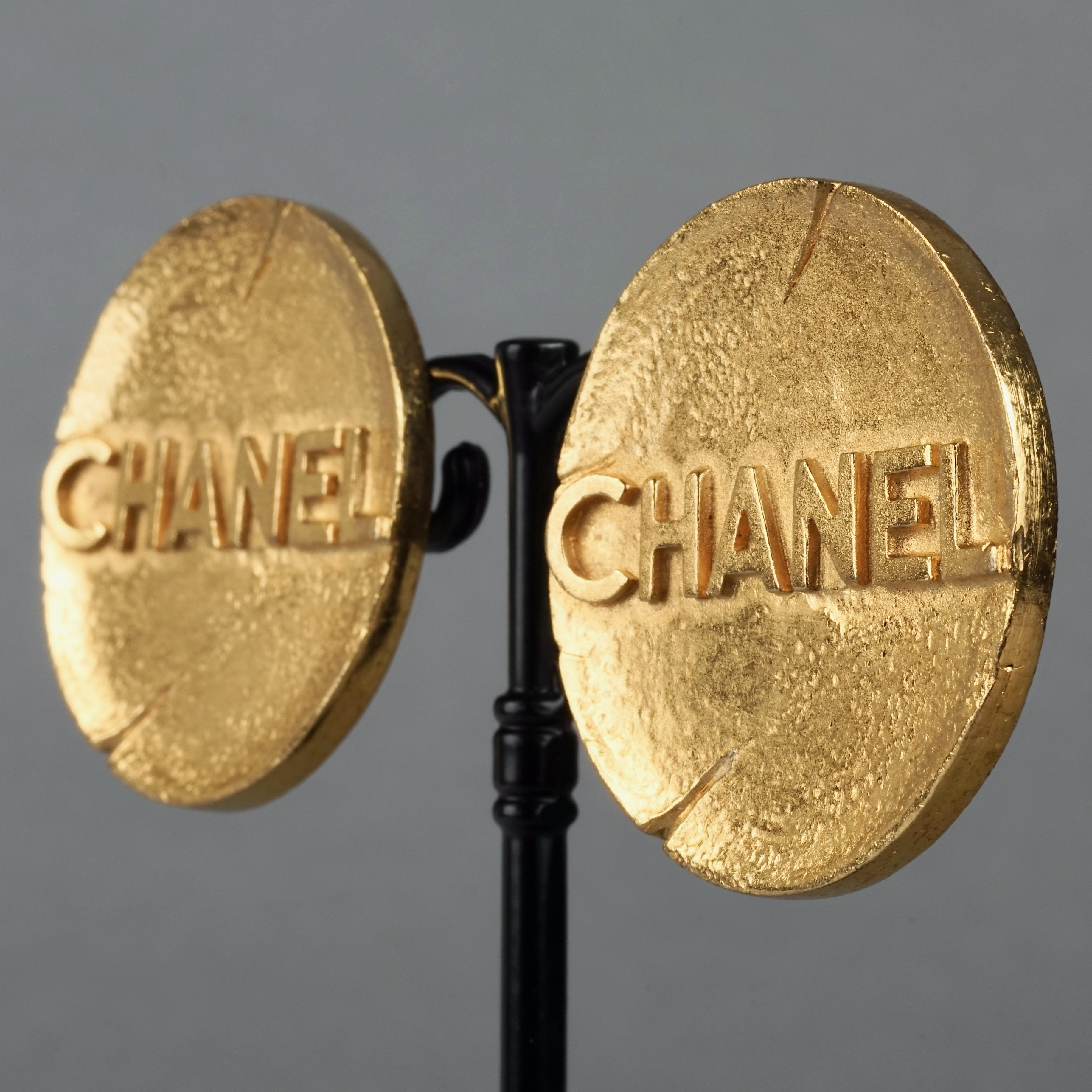 Vintage Massive 1993 CHANEL Spelled Disc Medallion Earrings 4