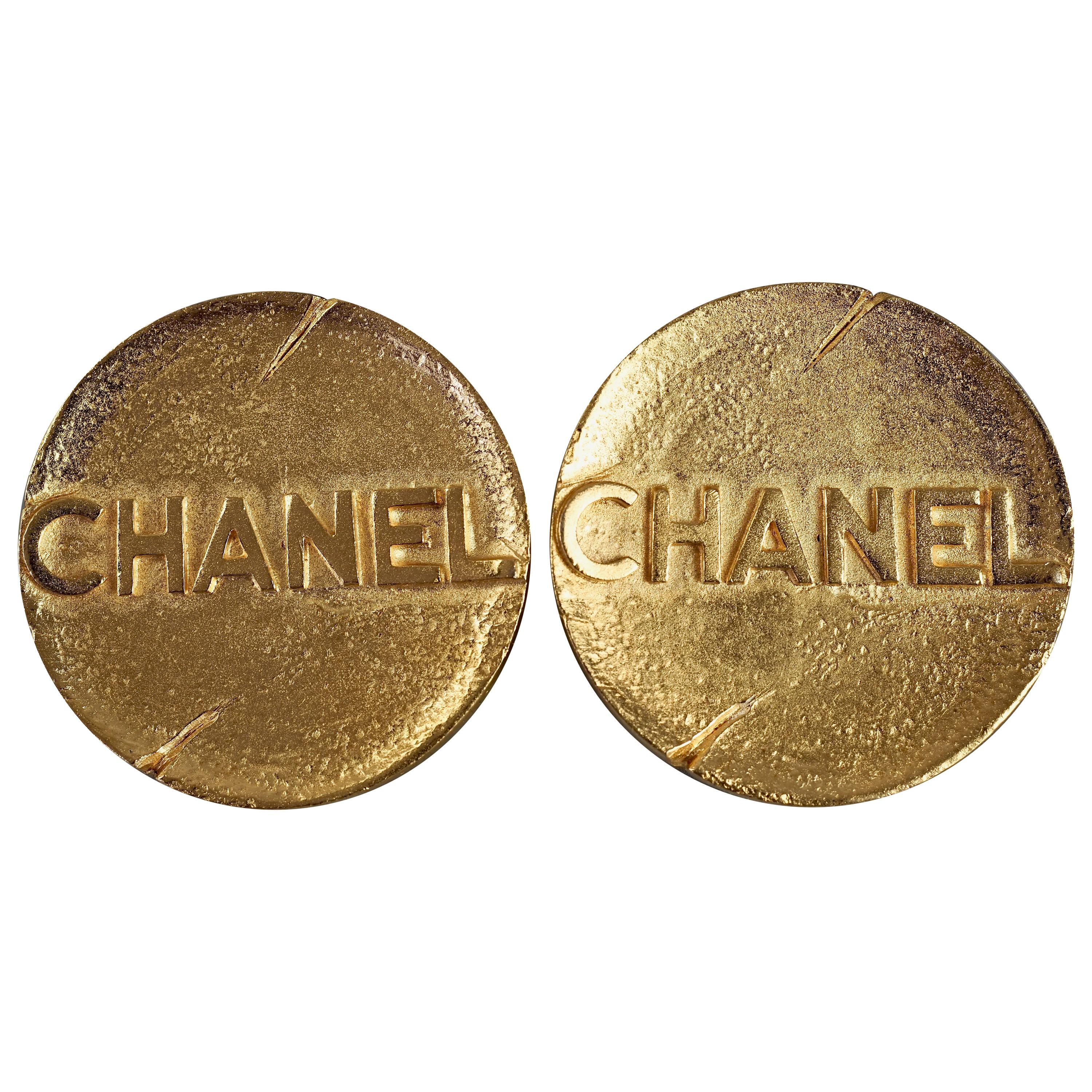 Vintage Massive 1993 CHANEL Spelled Disc Medallion Earrings