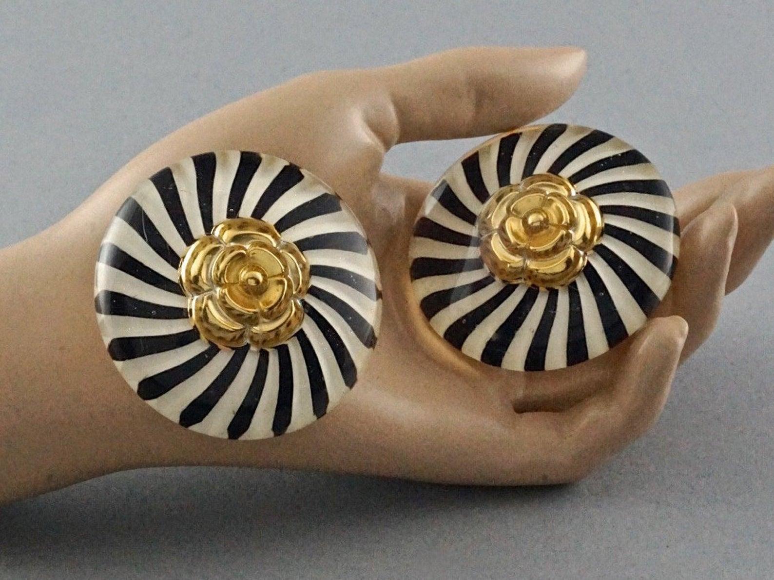 Vintage Massive CHANEL Camellia Stripe Lucite Earrings For Sale 1