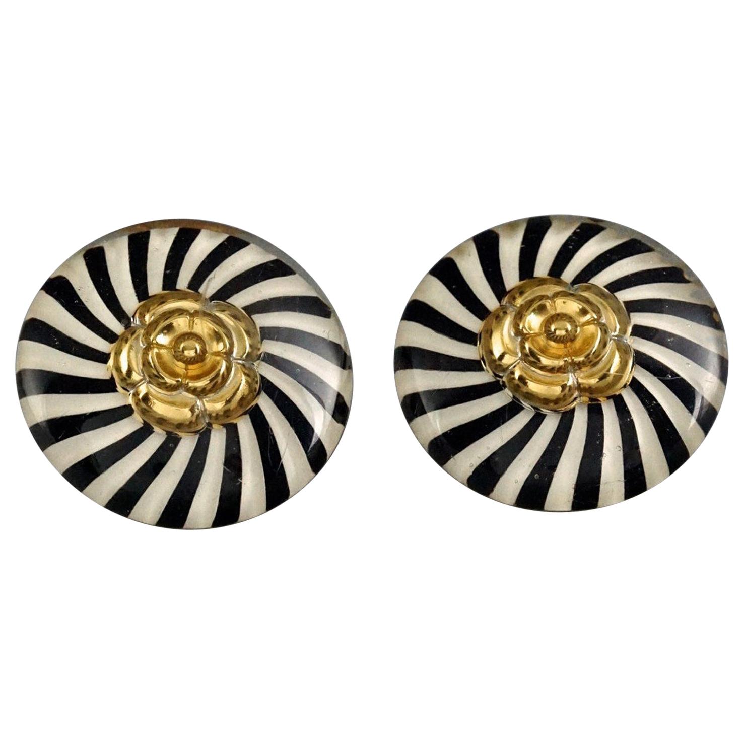 Vintage Massive CHANEL Camellia Stripe Lucite Earrings For Sale