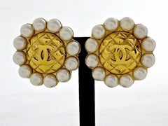 Vintage Massive CHANEL Quilted CC Logo Pearl Earrings