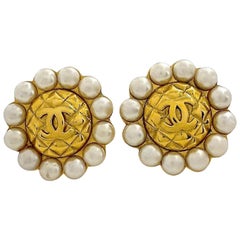 Vintage Massive CHANEL Quilted CC Logo Pearl Earrings