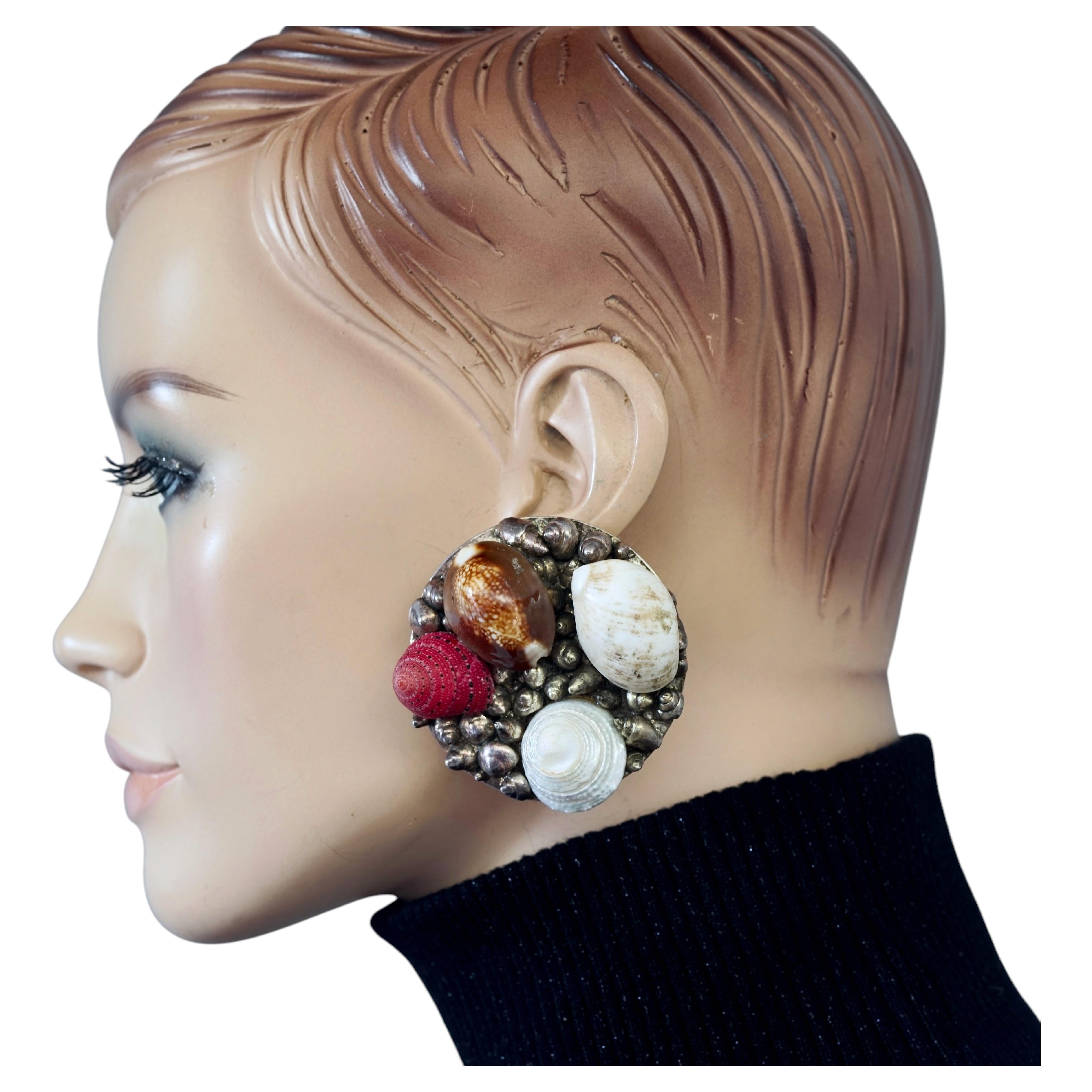 Vintage Massive CHANTAL THOMASS Gilt Seashells Textured Disc Earrings For Sale