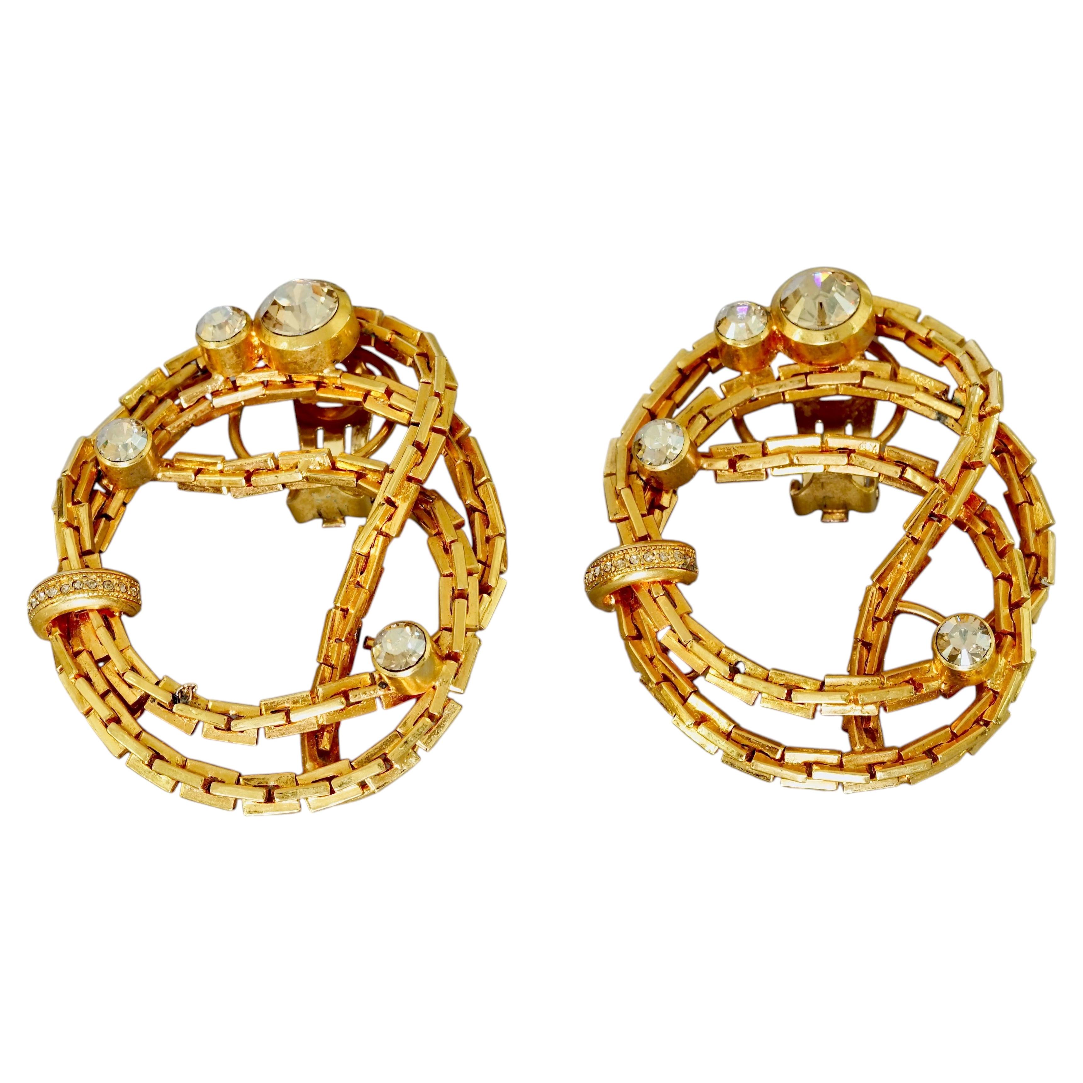 Vintage Massive CHRISTIAN DIOR Knotted Chain Rhinestones Earrings For Sale