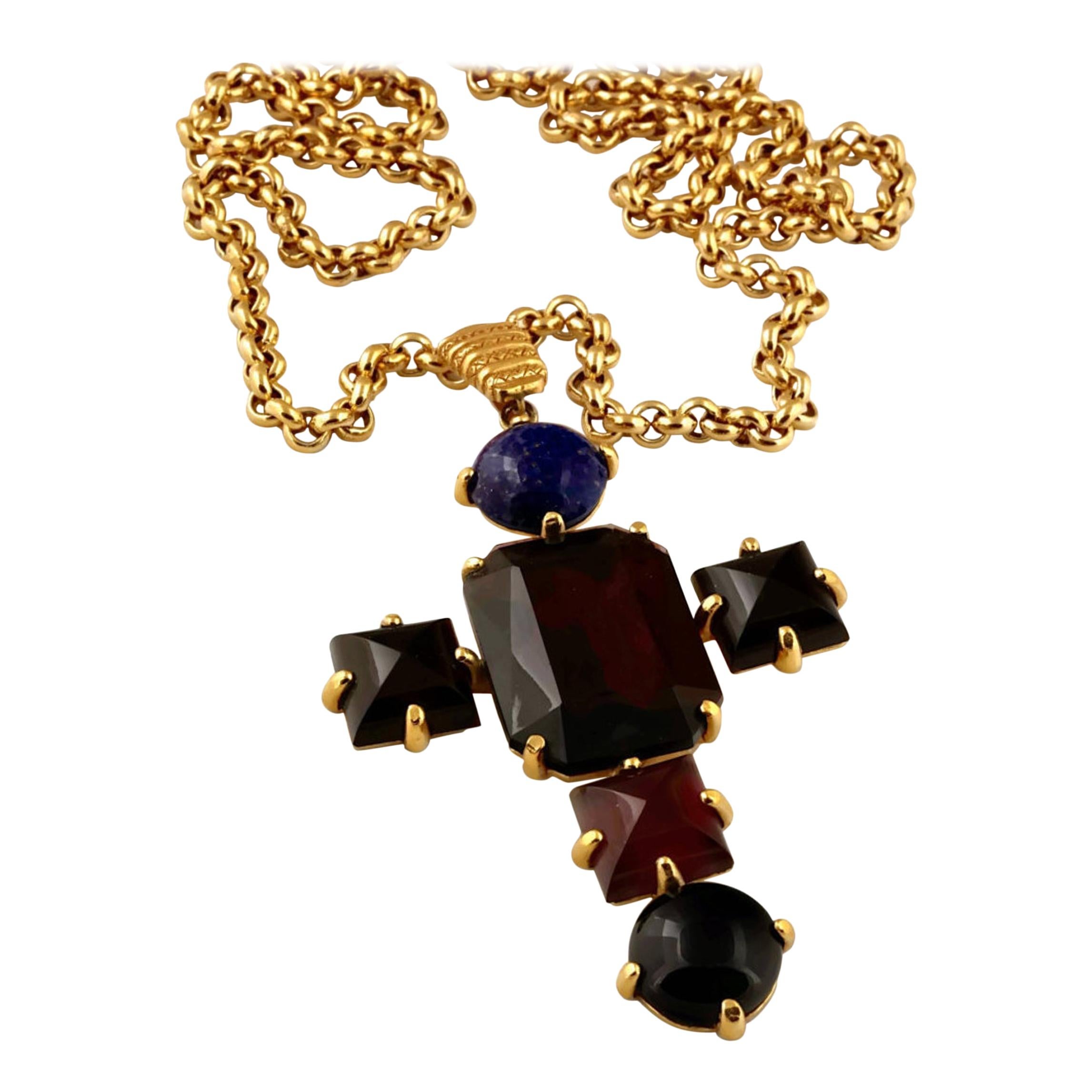 Vintage Massive CHRISTIAN DIOR Lapis Lazuli Faceted Stone Cross Necklace