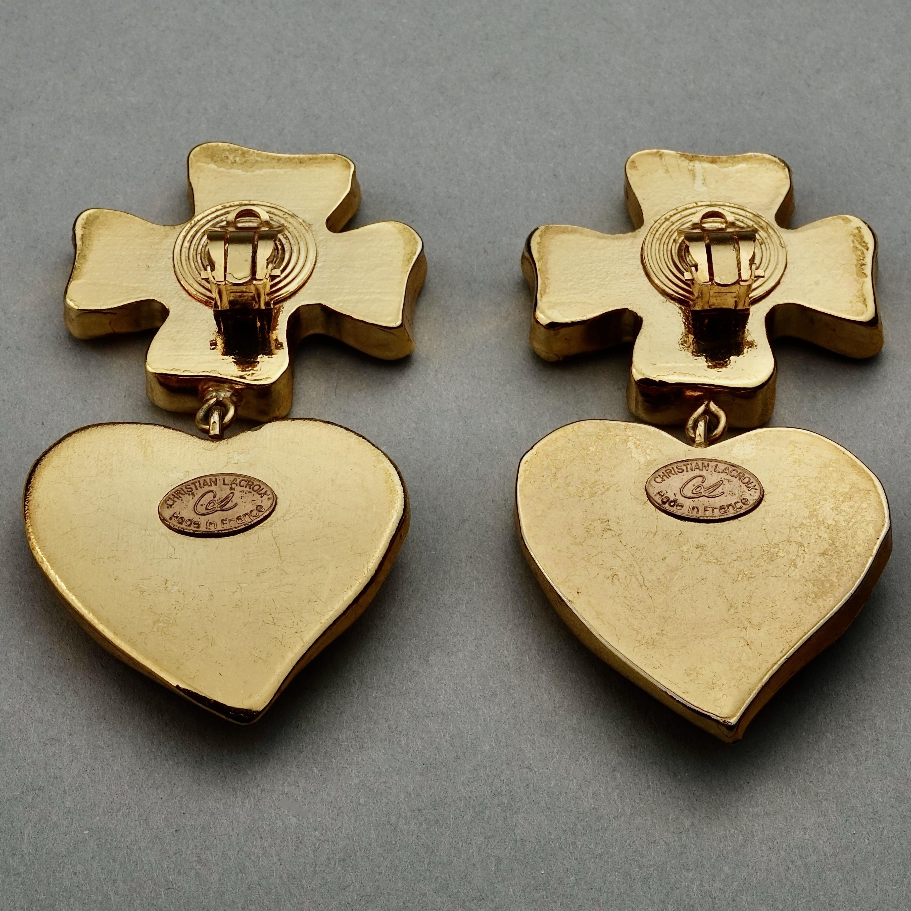 Vintage Massive CHRISTIAN LACROIX Cross Heart Dangling Earrings 5