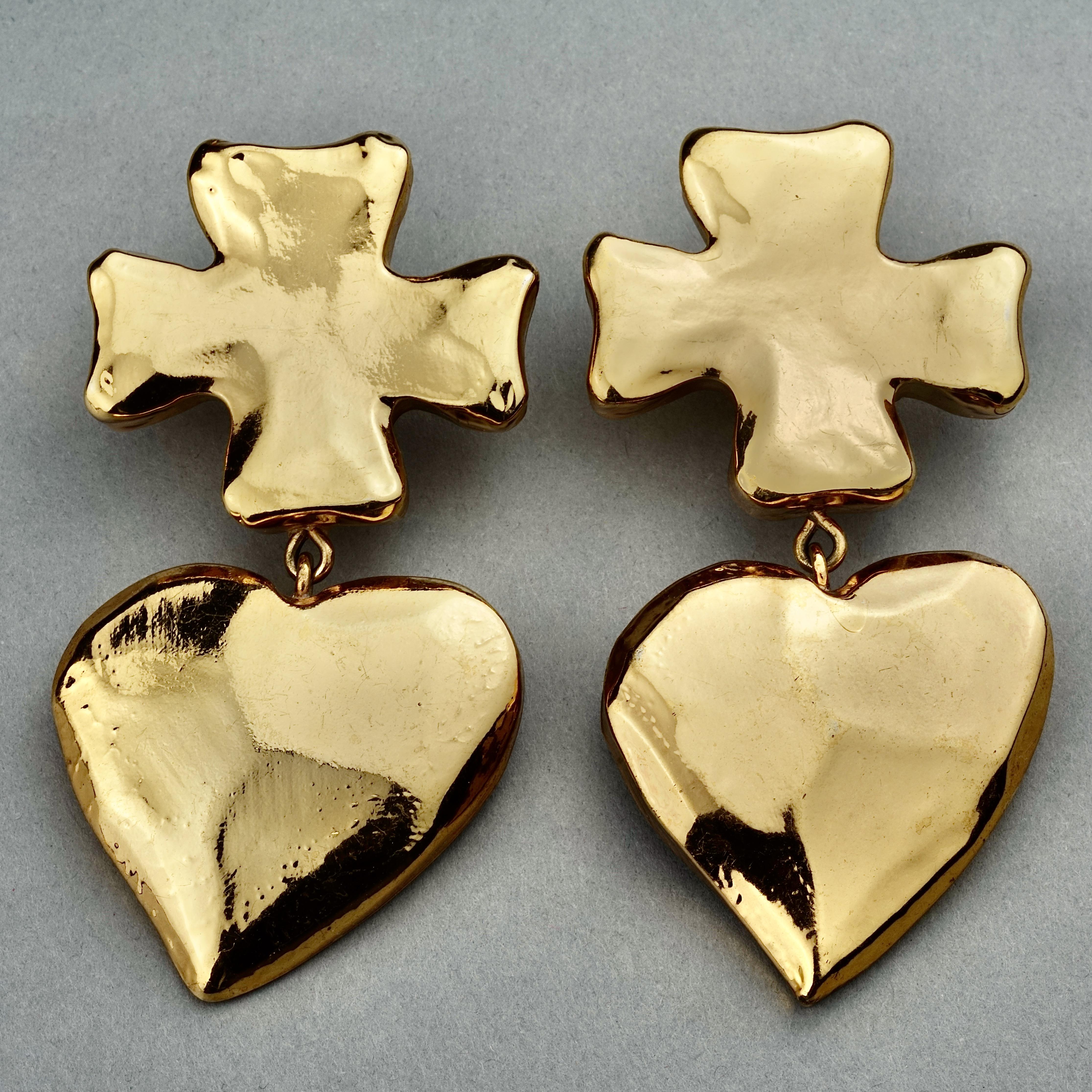 Women's Vintage Massive CHRISTIAN LACROIX Cross Heart Dangling Earrings