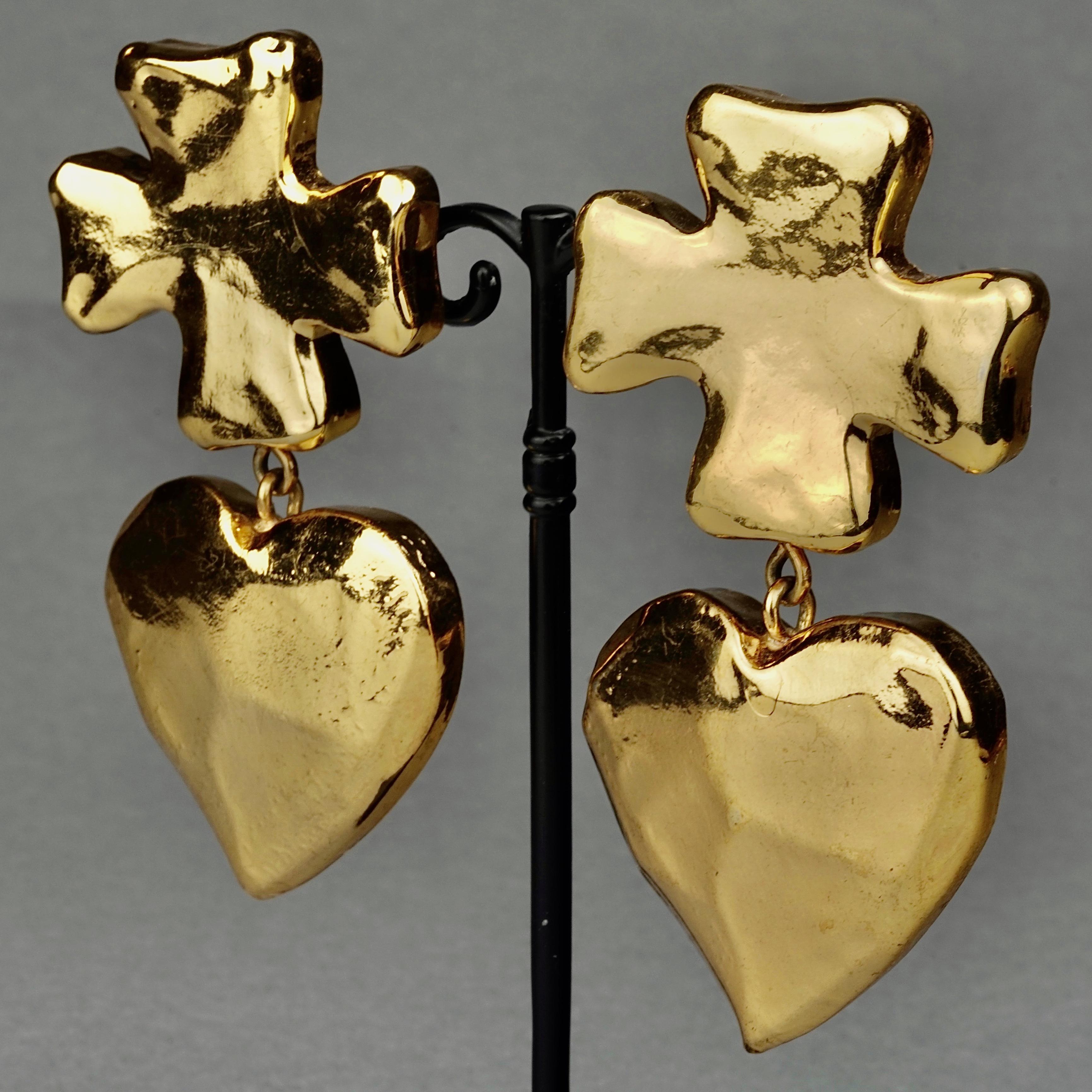 Vintage Massive CHRISTIAN LACROIX Cross Heart Dangling Earrings 1