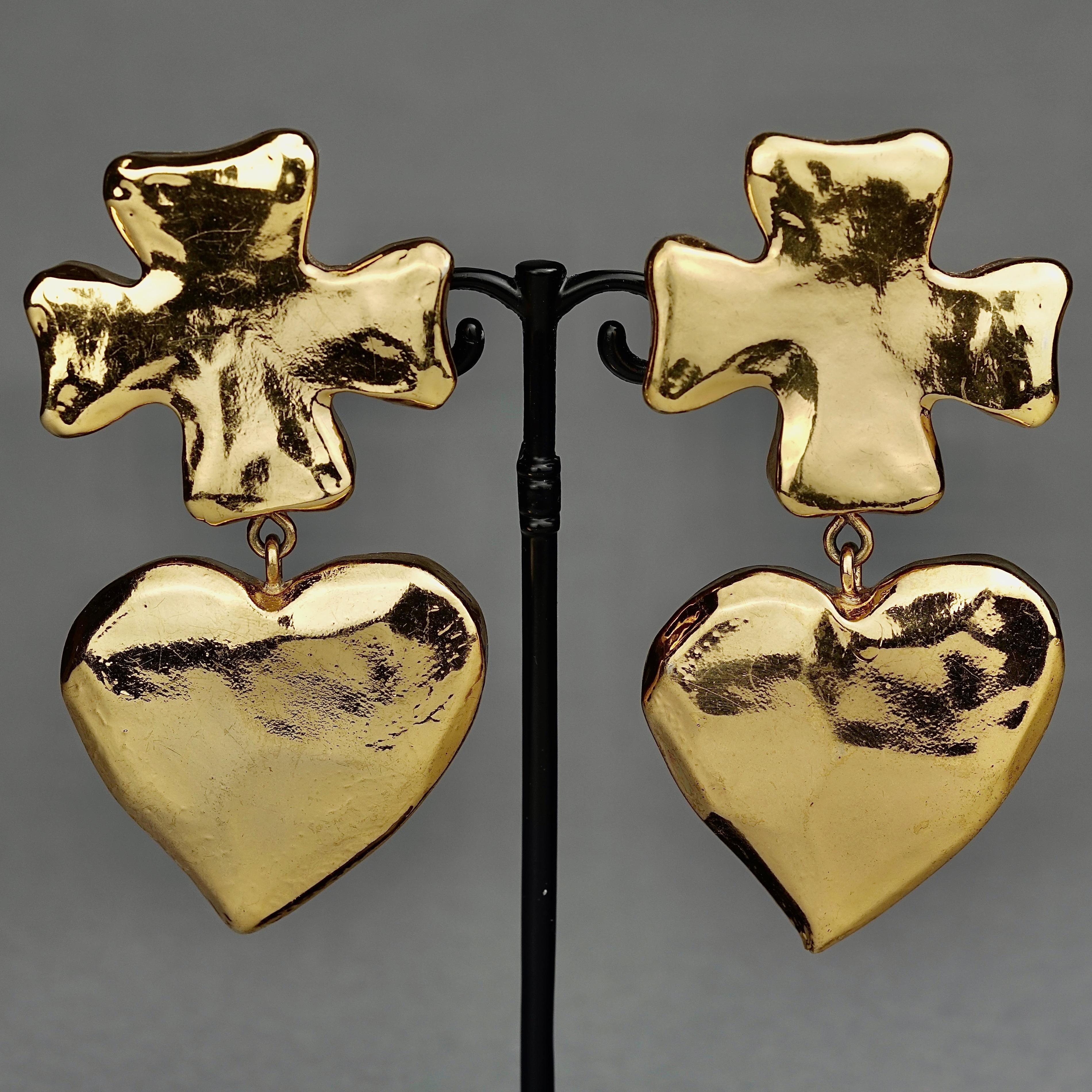 Vintage Massive CHRISTIAN LACROIX Cross Heart Dangling Earrings 2