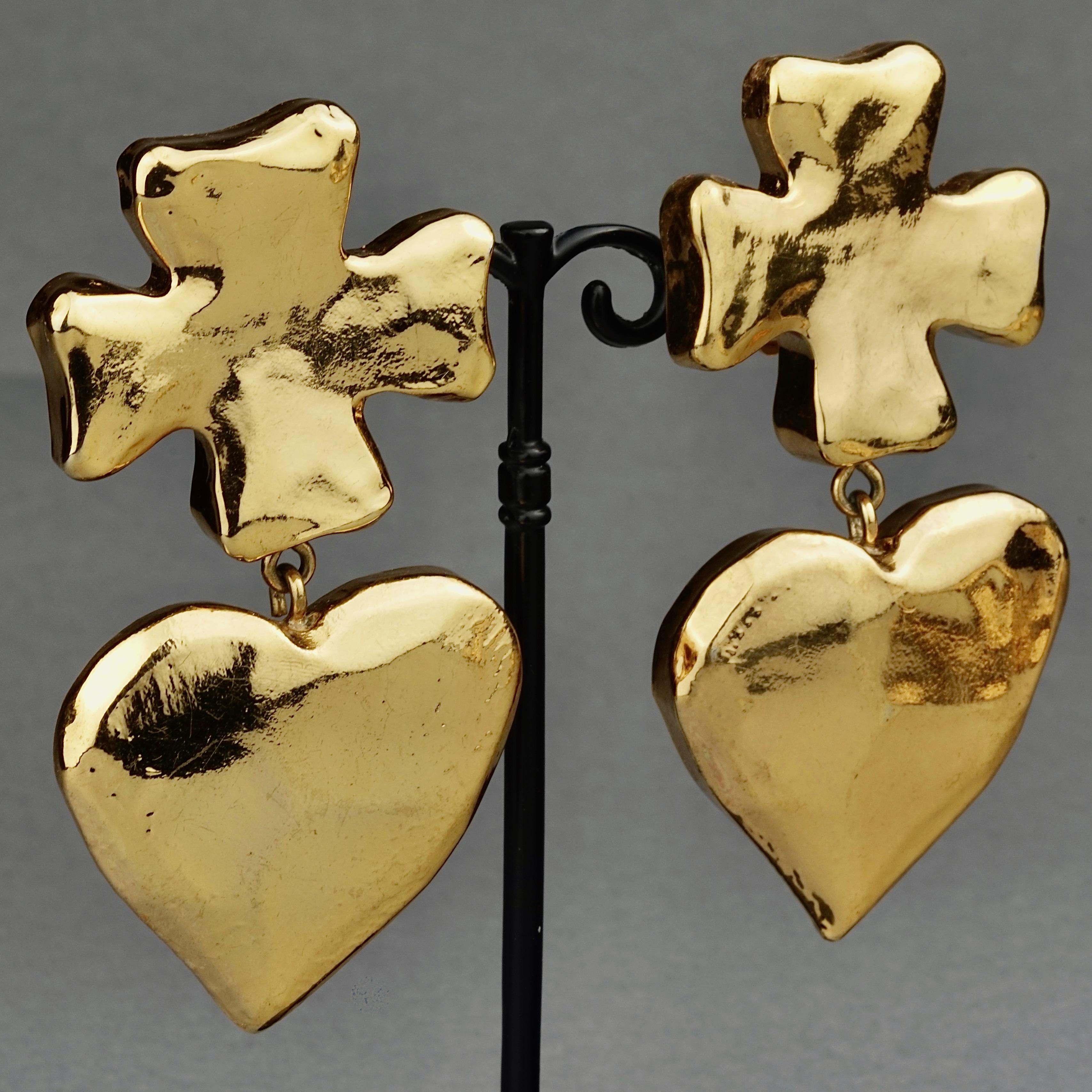 Vintage Massive CHRISTIAN LACROIX Cross Heart Dangling Earrings 3