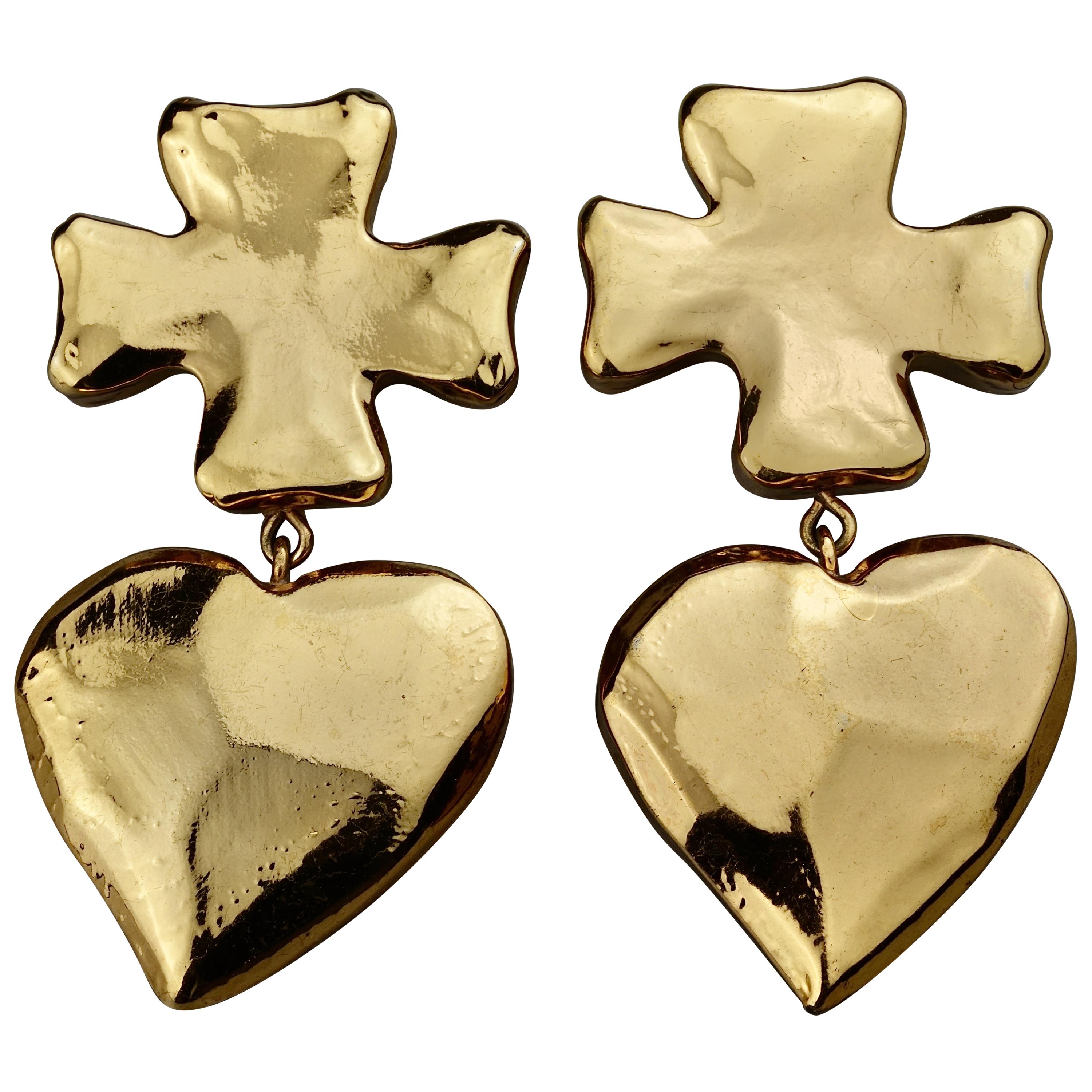 Vintage Massive CHRISTIAN LACROIX Cross Heart Dangling Earrings