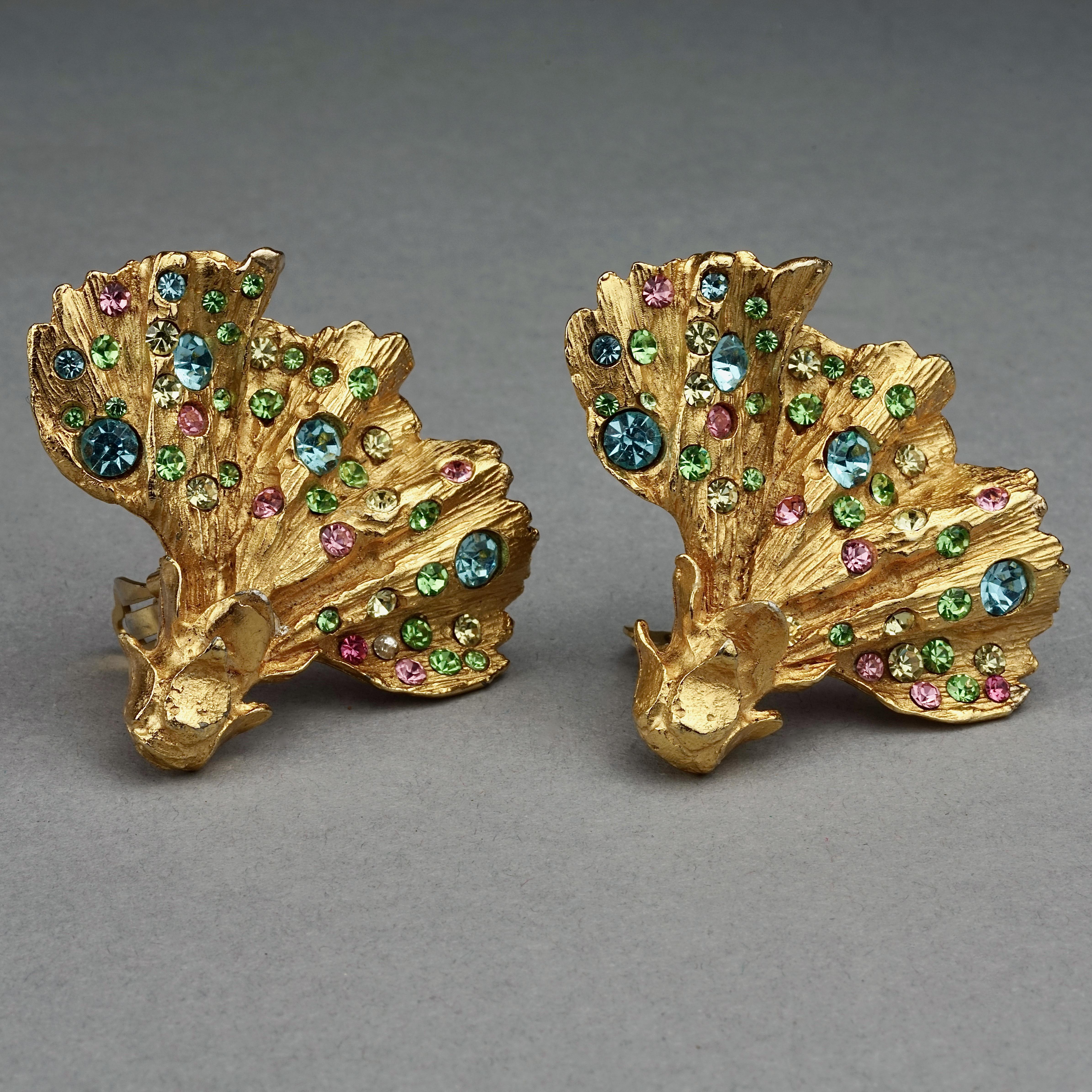 Vintage Massive CHRISTIAN LACROIX Fan Coral Colorful Rhinestone Earrings In Good Condition In Kingersheim, Alsace