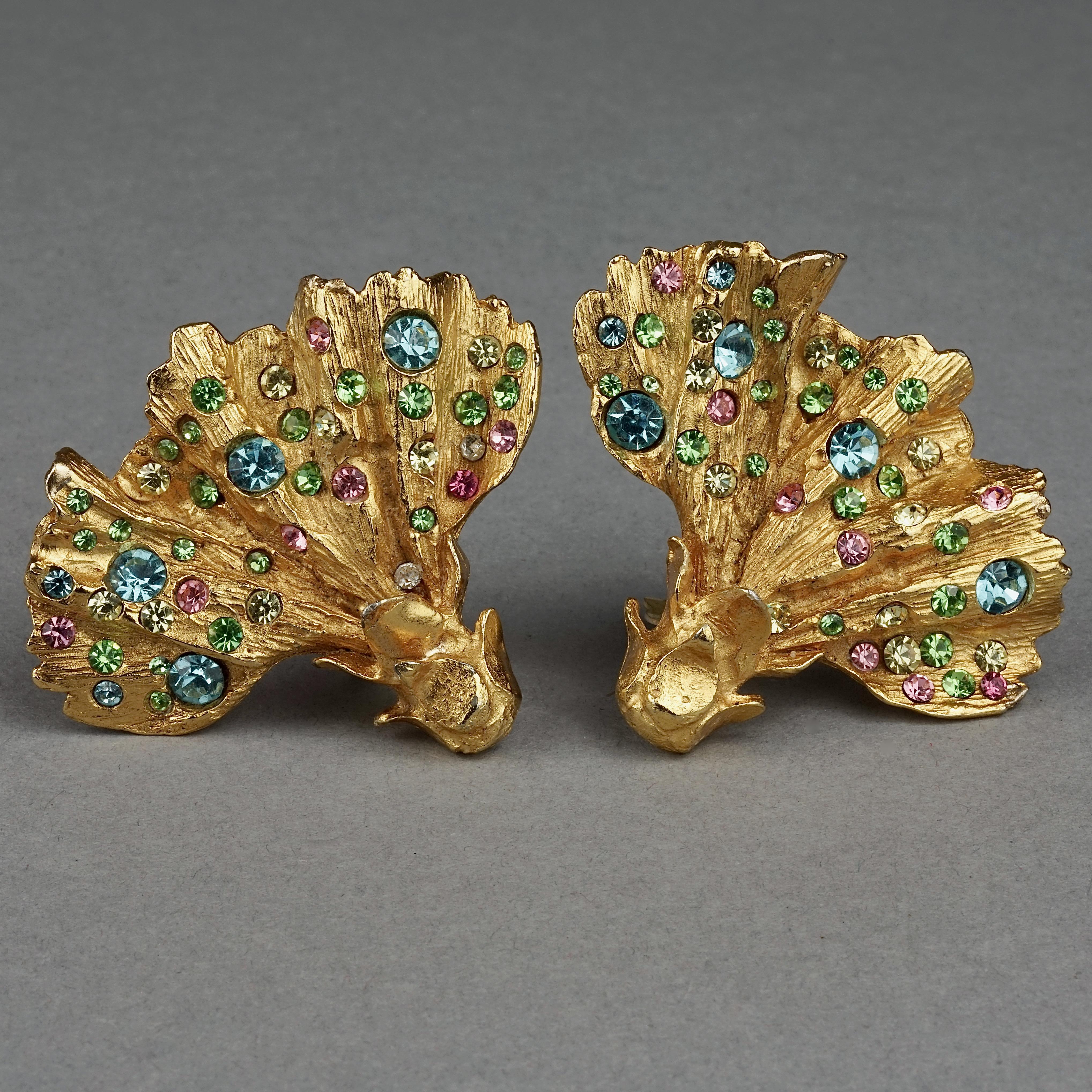 Women's Vintage Massive CHRISTIAN LACROIX Fan Coral Colorful Rhinestone Earrings
