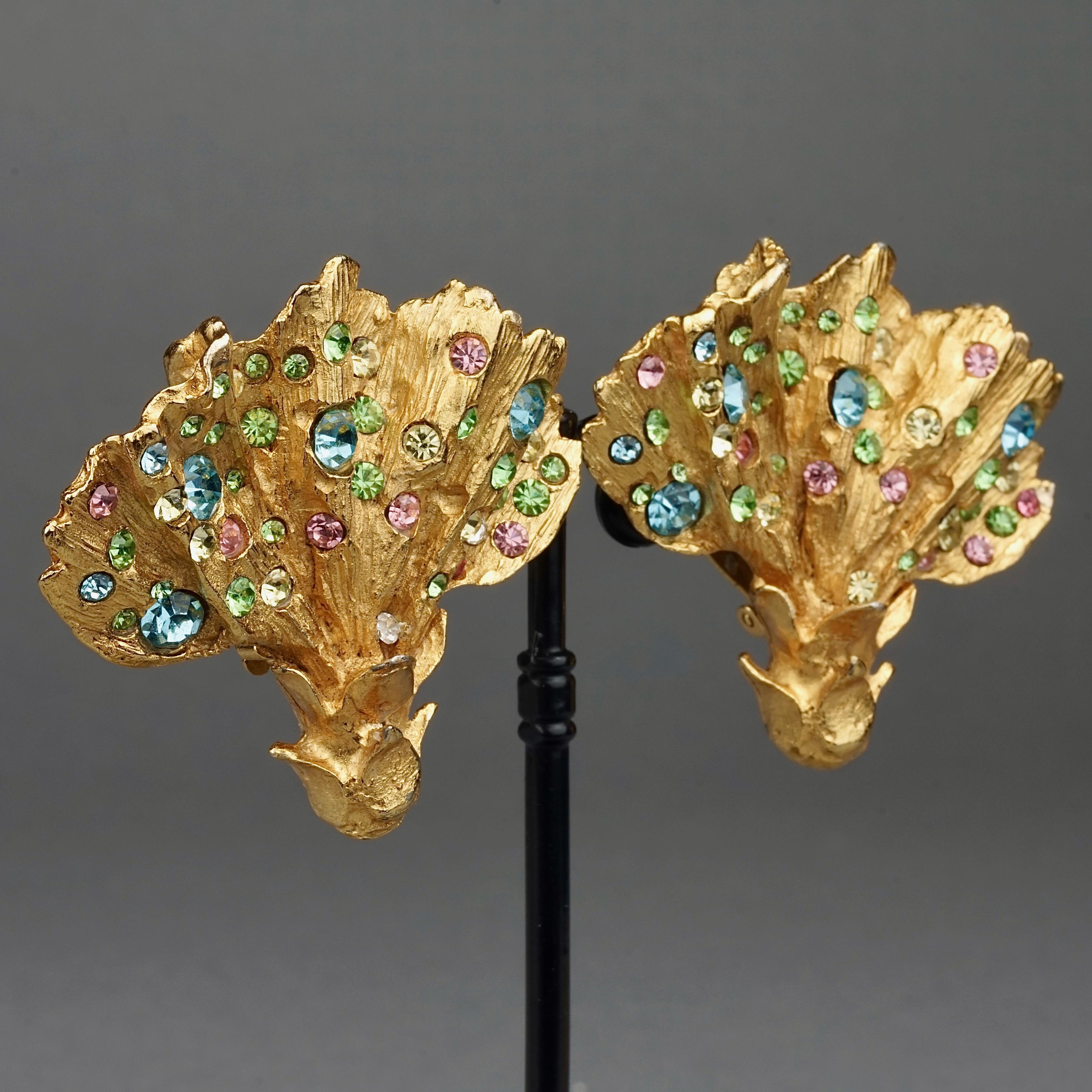 Vintage Massive CHRISTIAN LACROIX Fan Coral Colorful Rhinestone Earrings 2