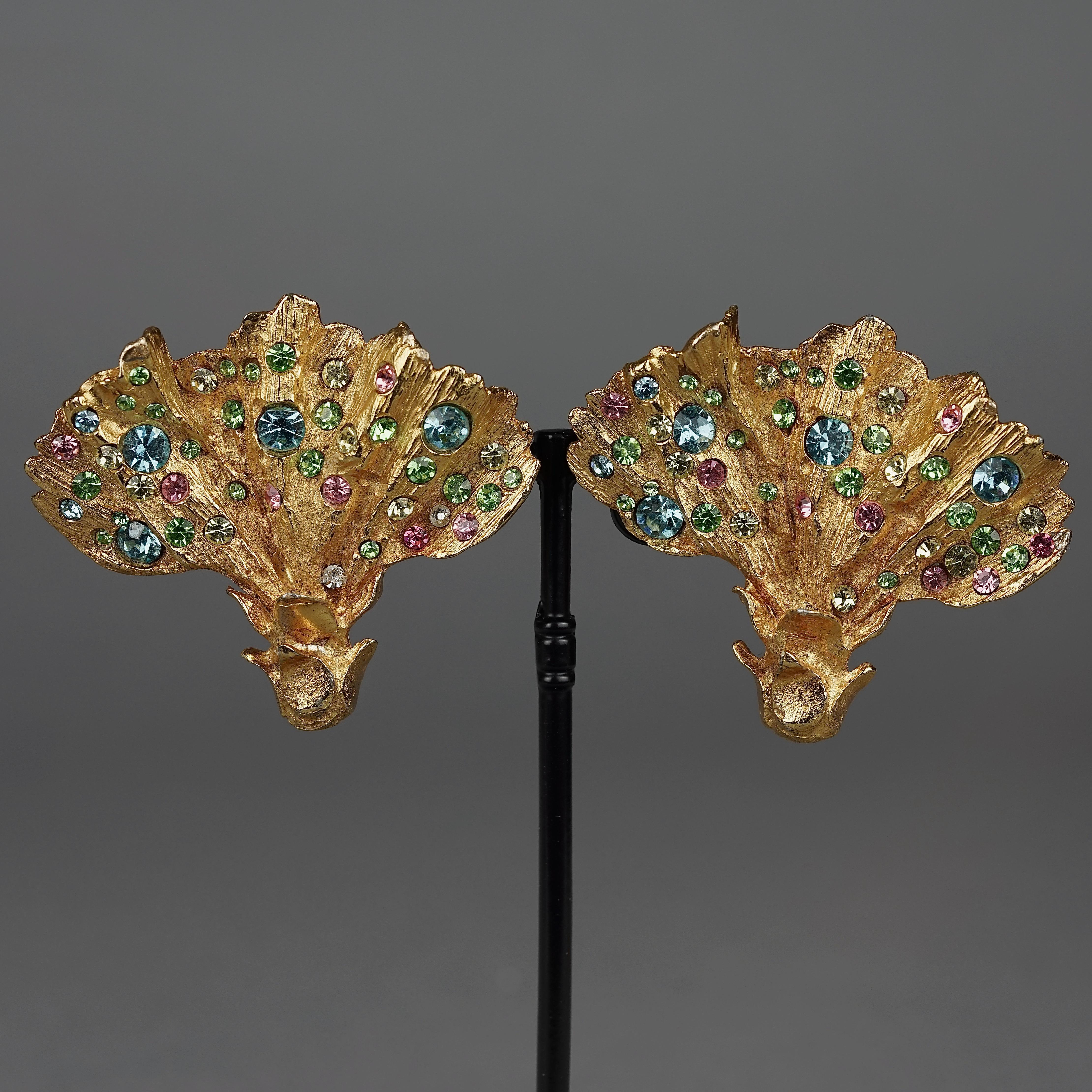 Vintage Massive CHRISTIAN LACROIX Fan Coral Colorful Rhinestone Earrings 3
