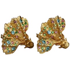 Vintage Massive CHRISTIAN LACROIX Fan Coral Colorful Rhinestone Earrings