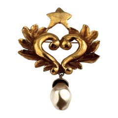 Vintage Massive CHRISTIAN LACROIX Wing Heart Star Pearl Brooch
