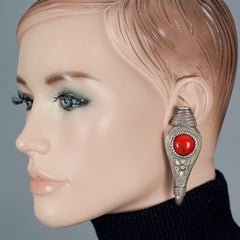 Vintage Massive CLAIRE DEVE Ethnic Faux Coral Cabochon Earrings