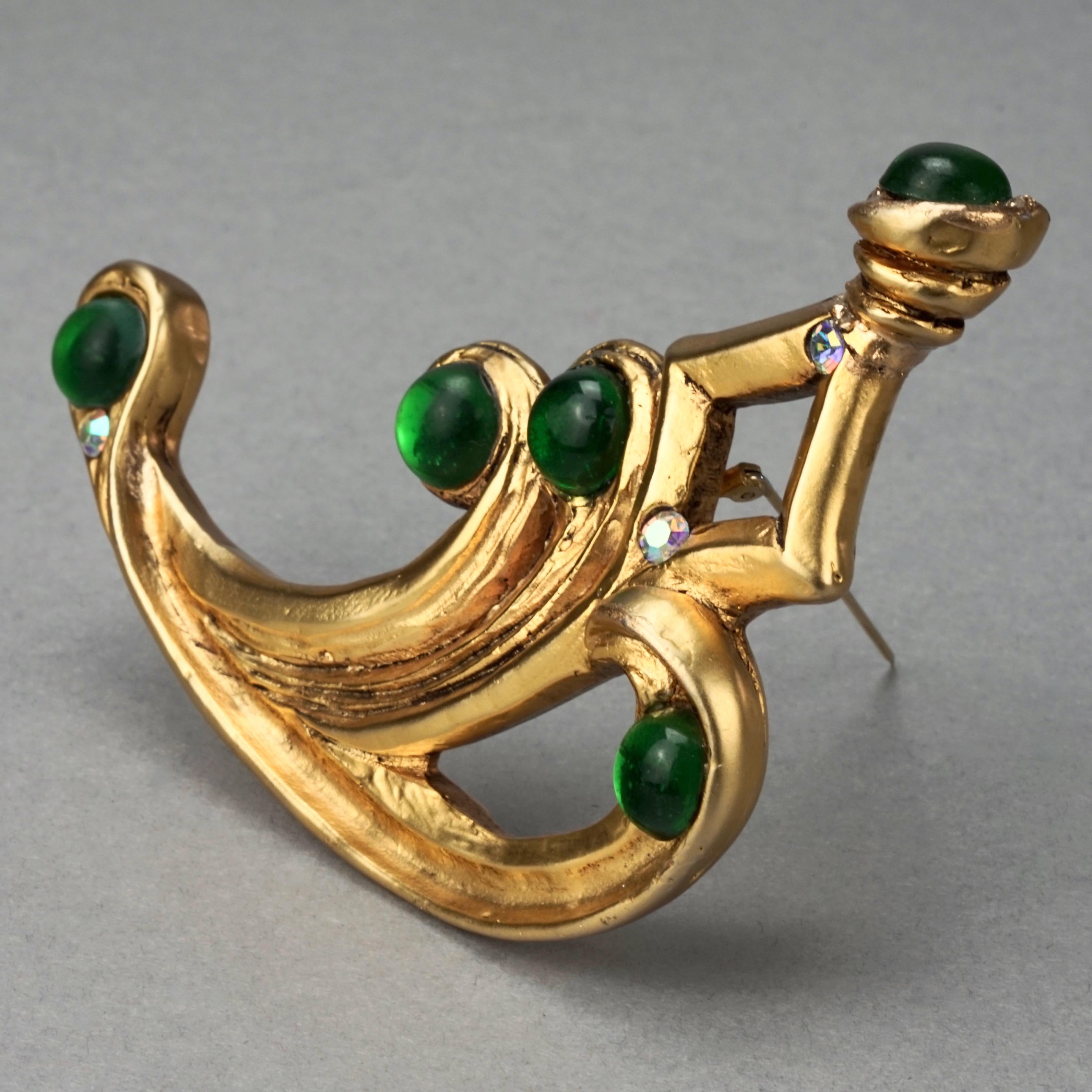 Women's or Men's Vintage Massive CLAIRE DEVE PARIS Curved Green Jewelled Brooch For Sale