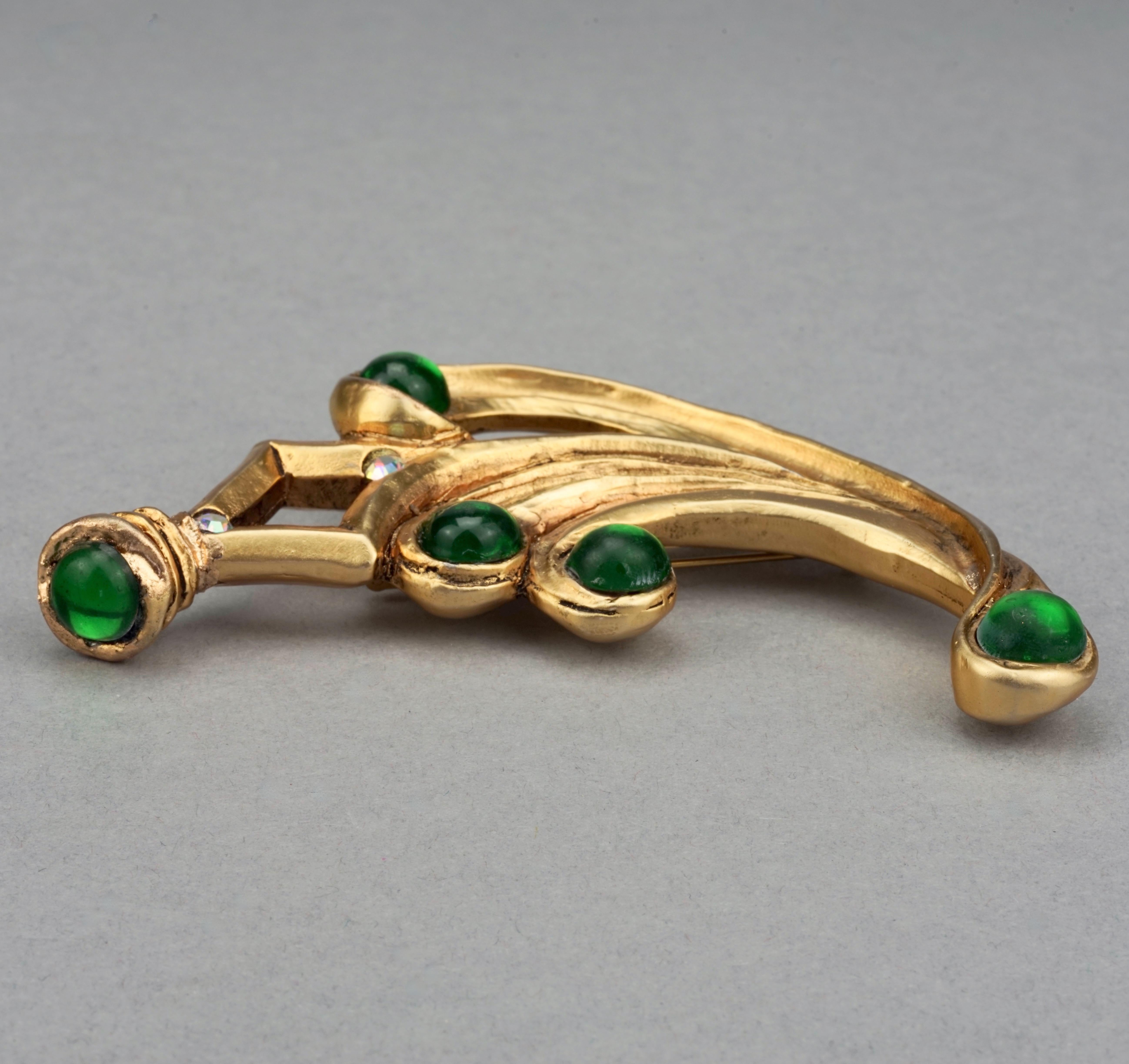 Vintage Massive CLAIRE DEVE PARIS Curved Green Jewelled Brooch For Sale 4