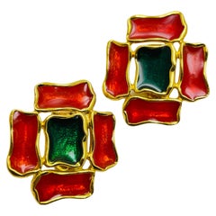 Vintage massive cross gold enamel designer runway clip on earrings