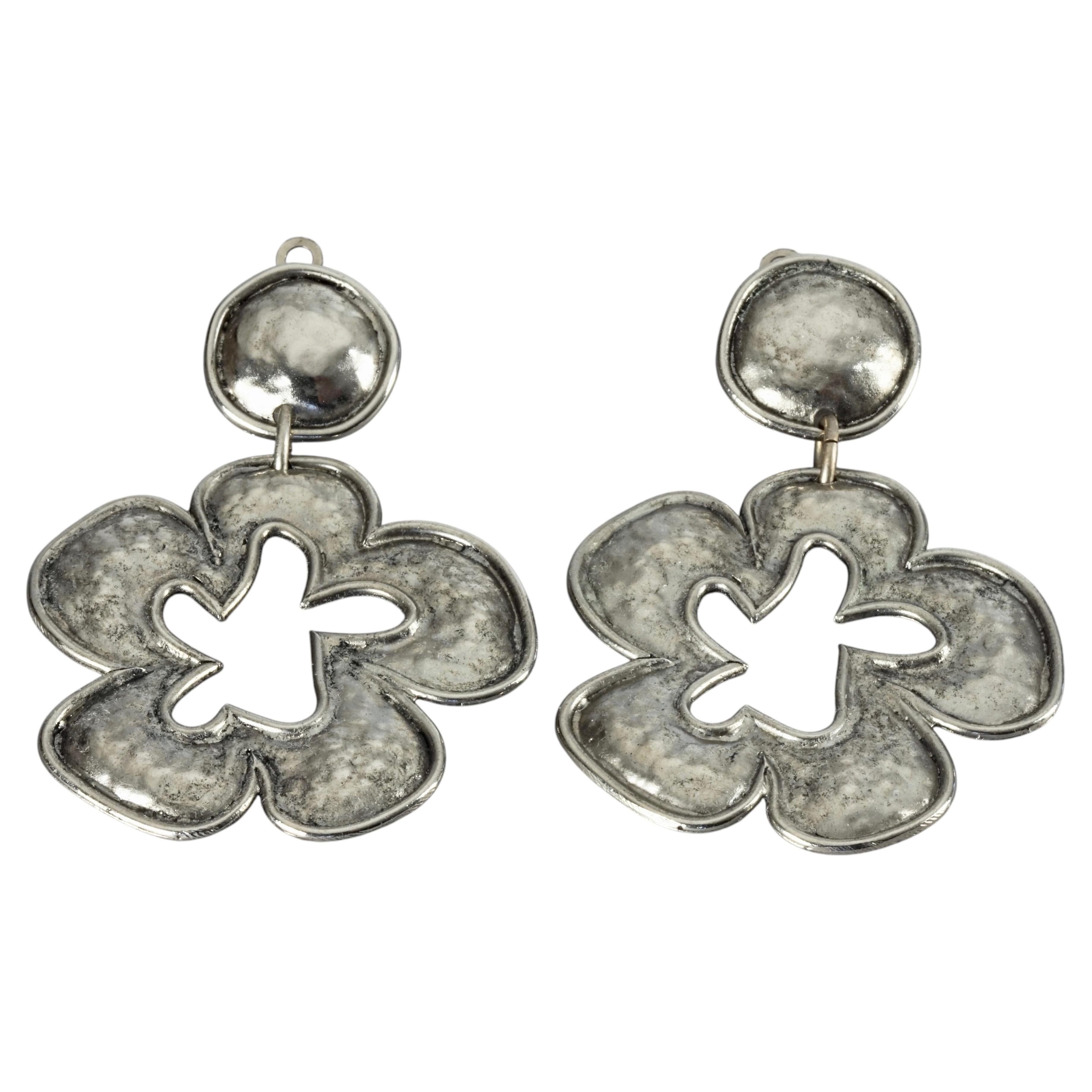 Vintage Massive EDOUARD RAMBAUD Hammered Flower Silver Tone Drop Earrings