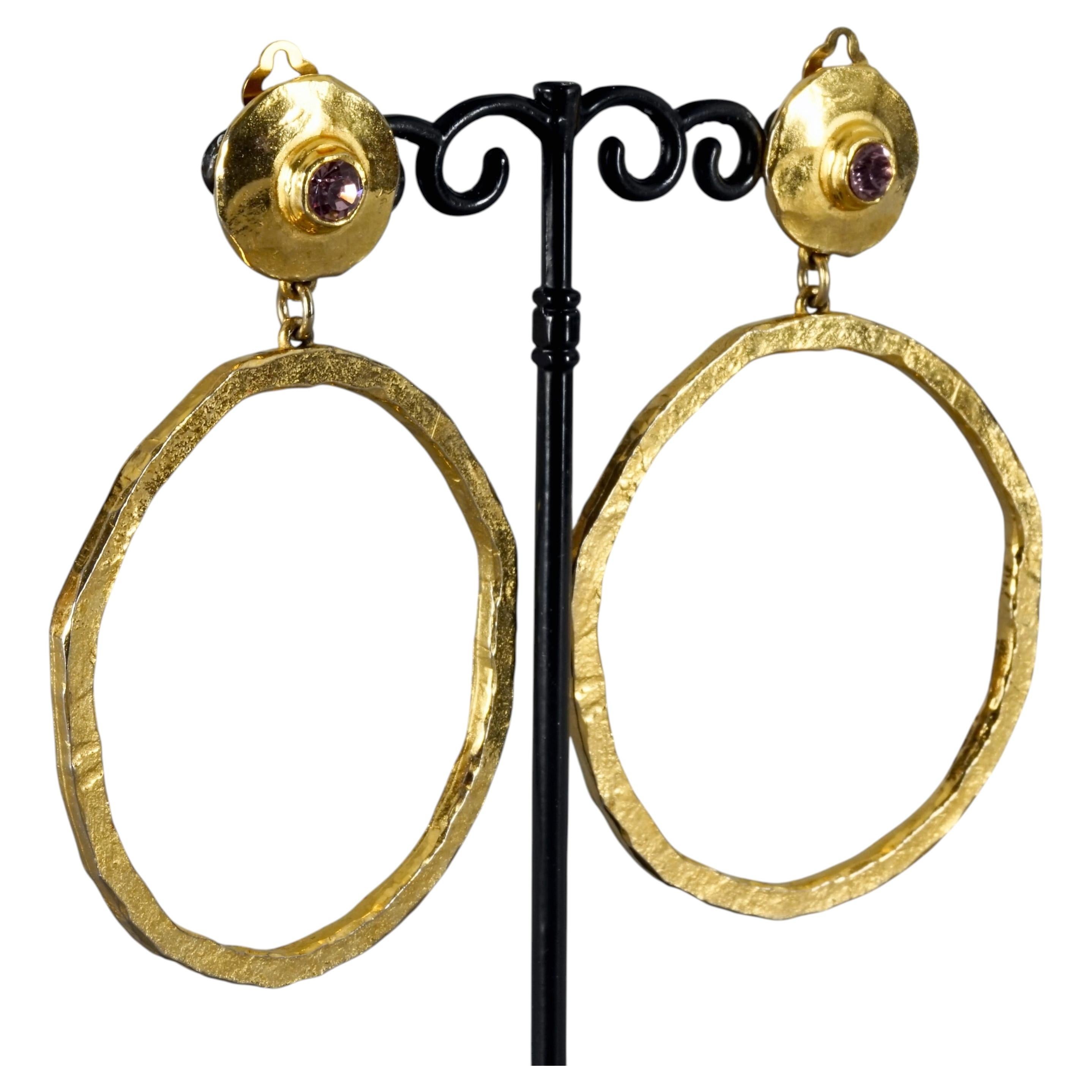Vintage Massive EDOUARD RAMBAUD Pink Rhinestone Disc Hoop Dangling Earrings For Sale