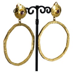 Vintage Massive EDOUARD RAMBAUD Pink Rhinestone Disc Hoop Dangling Earrings