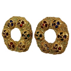 Vintage Massive French Couture Textured Rhinestone Creole Hoop Earrings