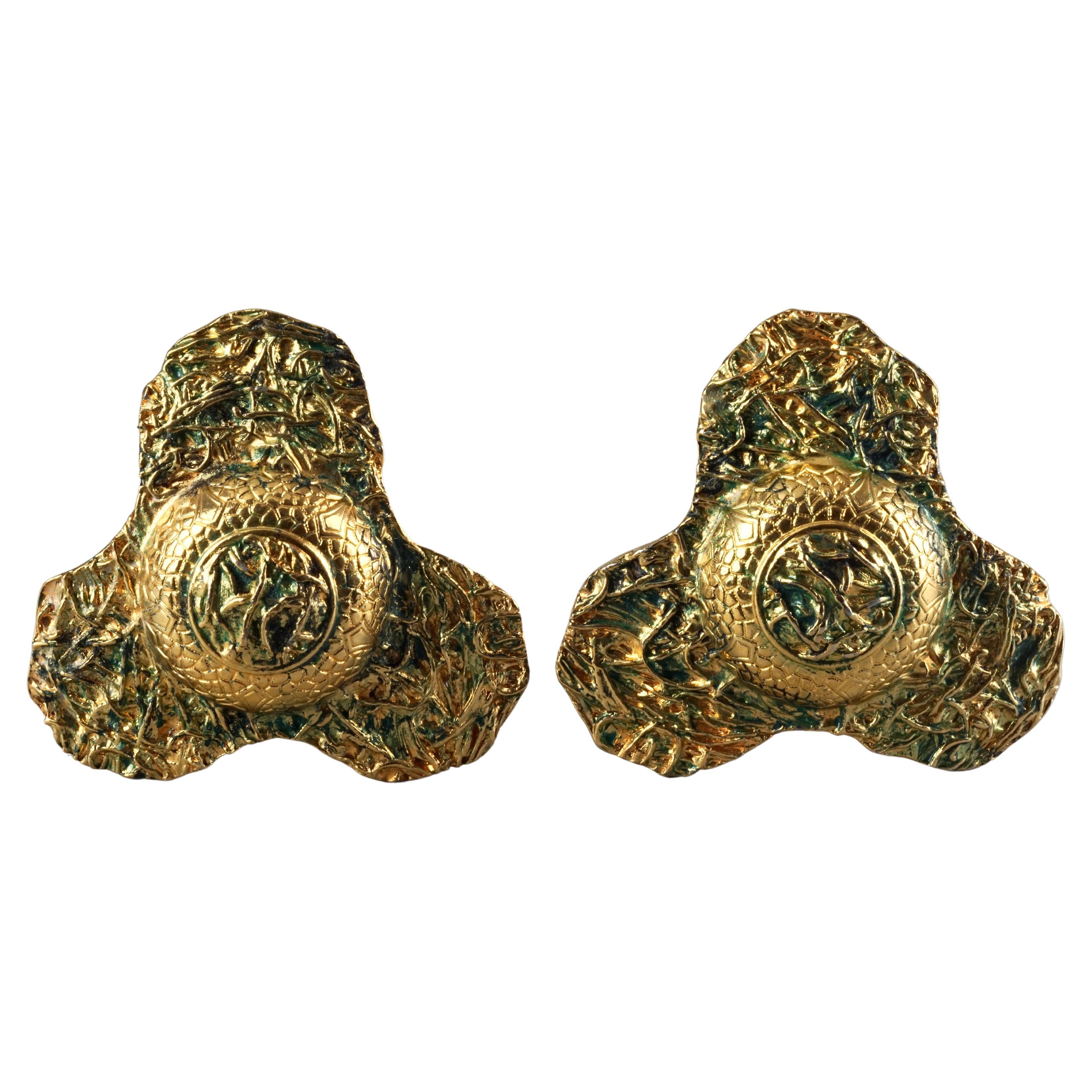 Vintage Massive French Flower Patina Effect Earrings For Sale