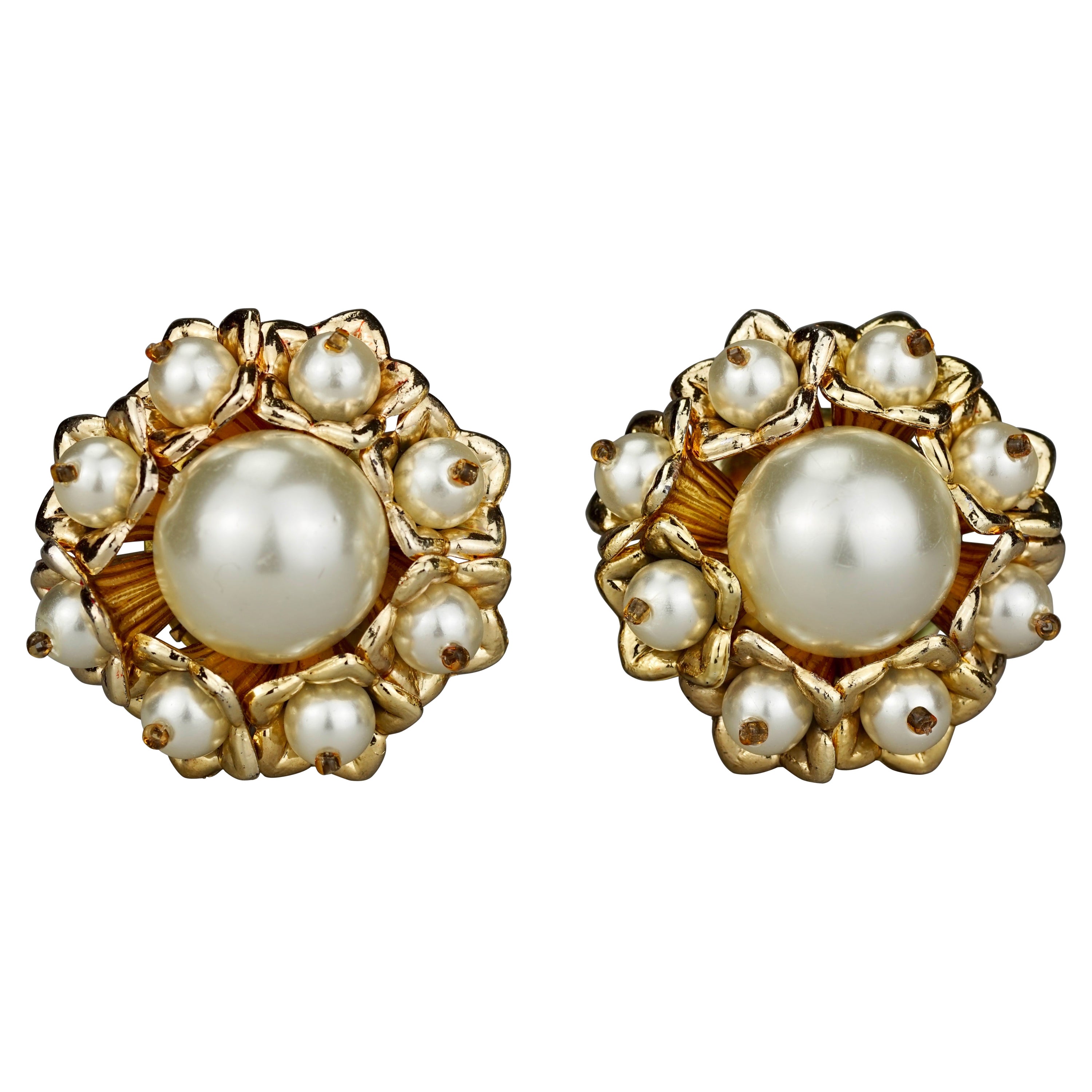 Vintage Massive French Flower Pearl Earrings For Sale