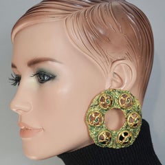 Vintage Massive French Patina Green Enamel Creole Hoop Earrings