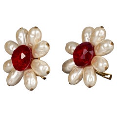 Vintage Massive French Pearl Flower Rhinestone Earrings
